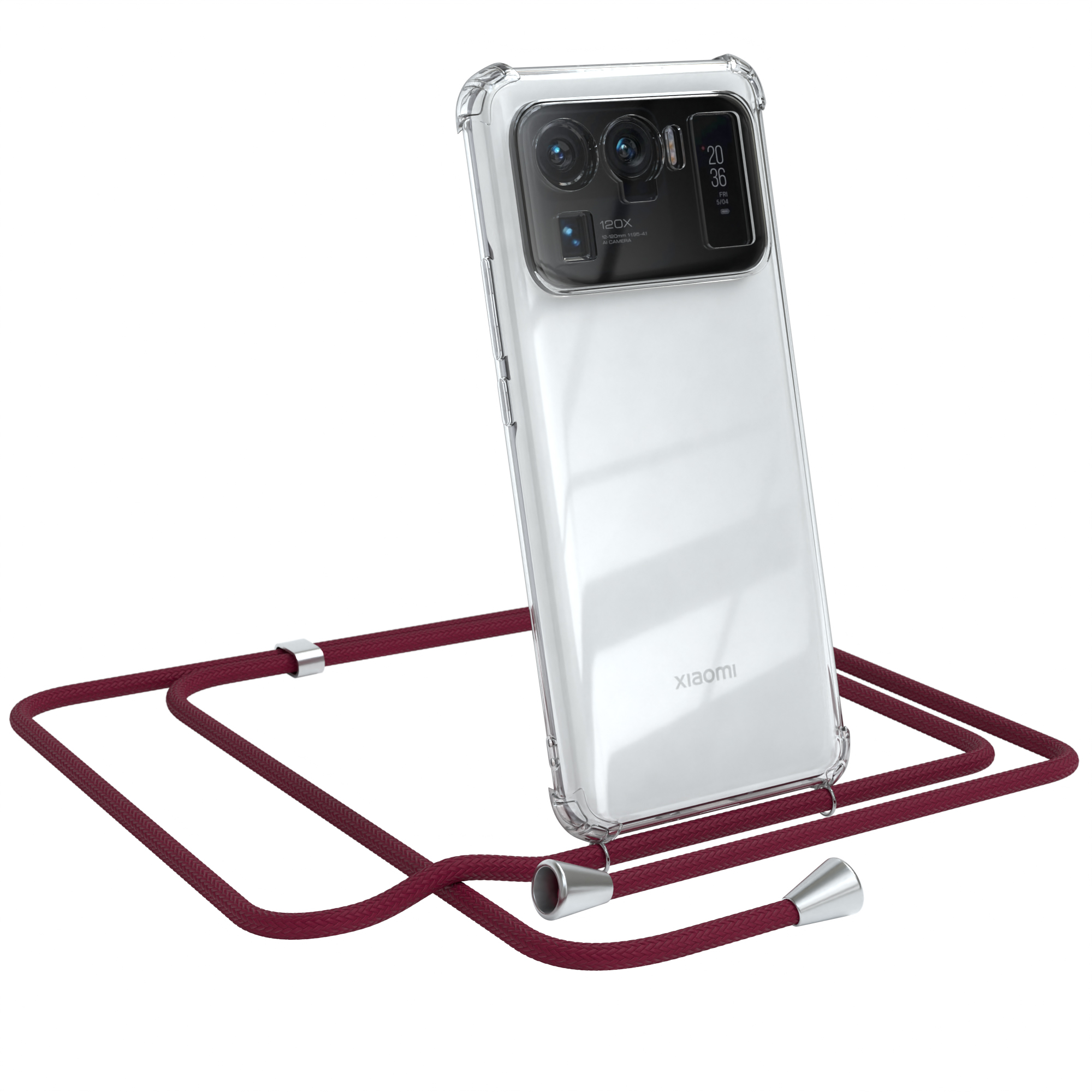 Transparente Handyhülle mit weinrotem Lanyard und weißem Xiaomi-Handy.