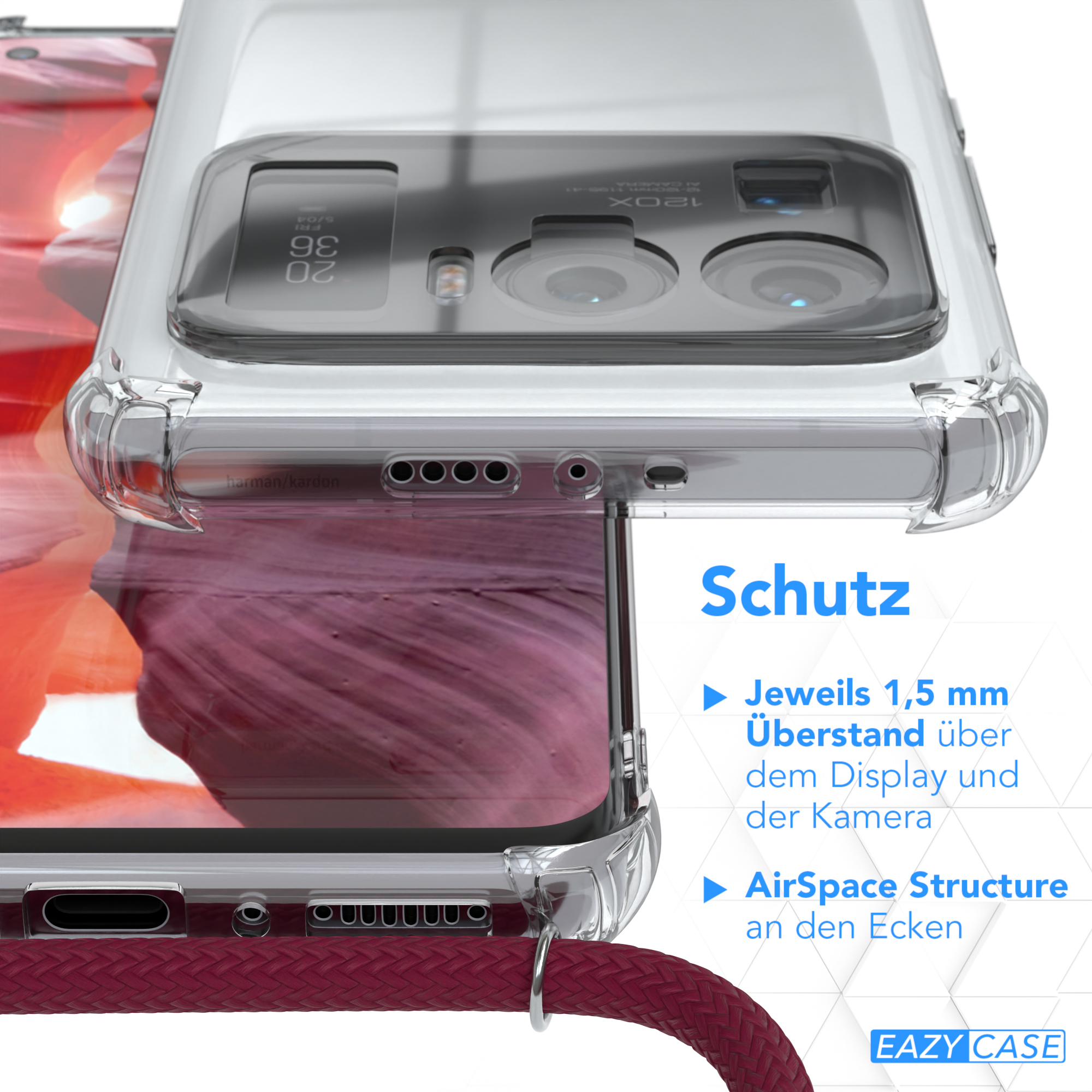 Transparente Handyhülle auf einem Handy, mit Text-Overlay, das Funktionen und Markenlogo zeigt.