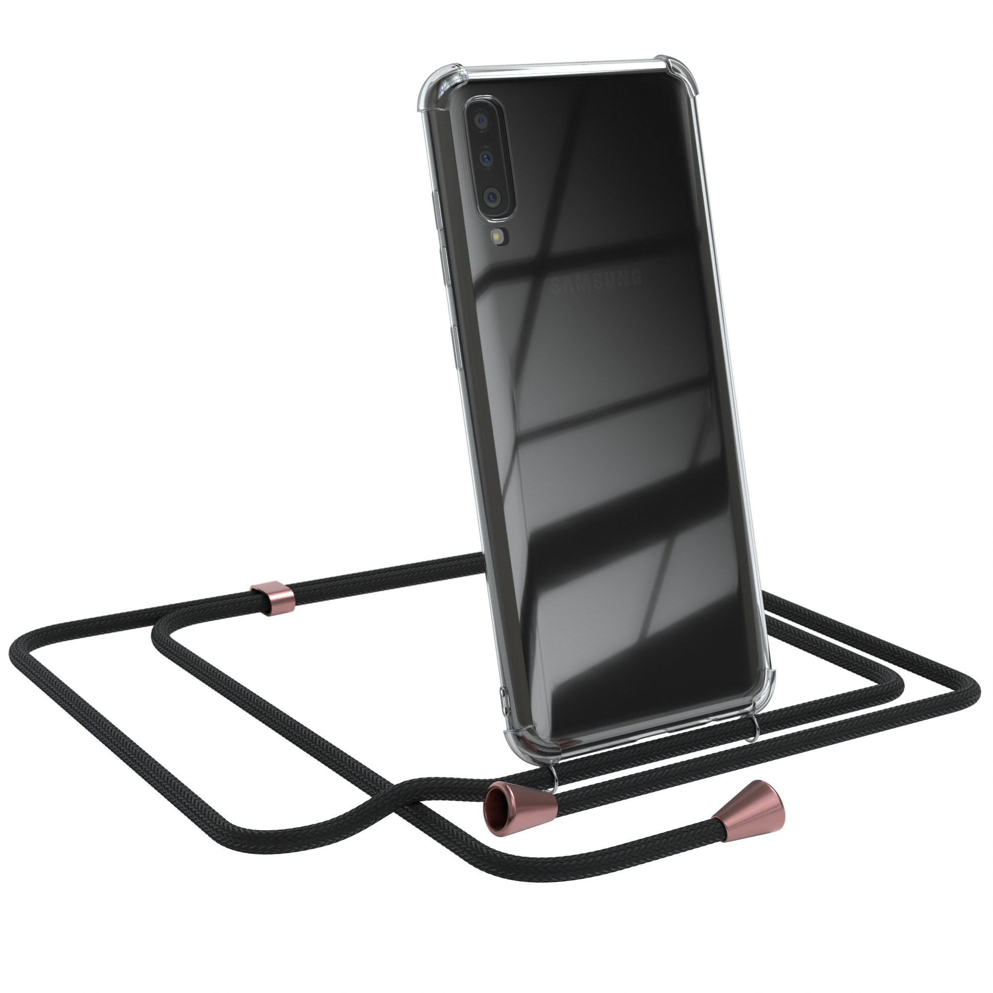 Eine transparente Handyhülle auf einem Samsung-Telefon mit einer schwarzen Schnur.