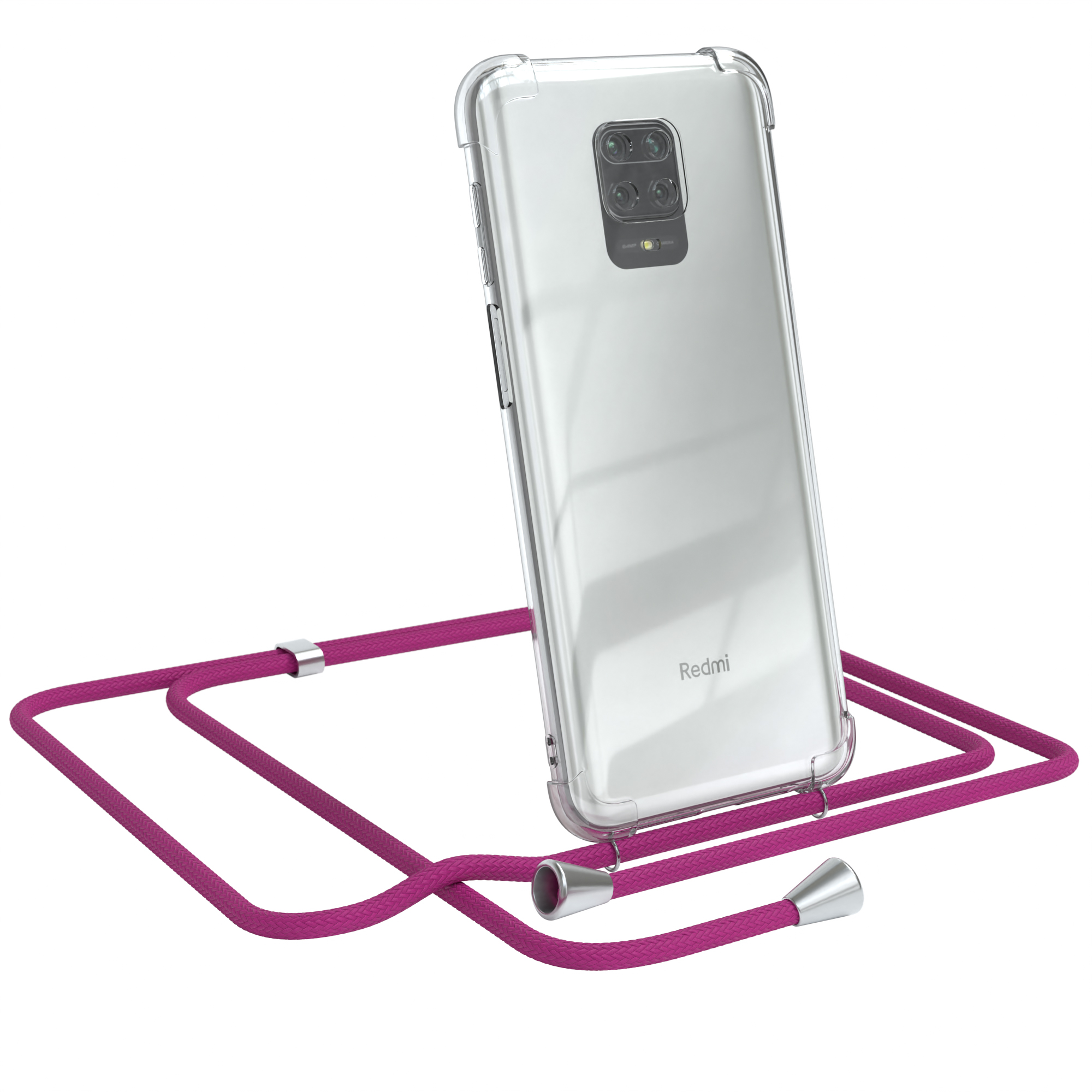 Ein Telefon in einer durchsichtigen Hülle mit einem magentafarbenen Schlüsselband. Das Telefon ist weiß und die Hülle ist transparent.