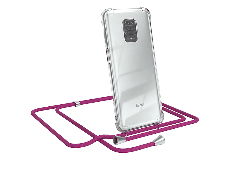EAZY CASE Clear Cover mit Umhängeband, Umhängetasche, Xiaomi, Redmi Note 9S / 9 Pro / 9 Pro Max, Pink / Clips Silber | Handyketten