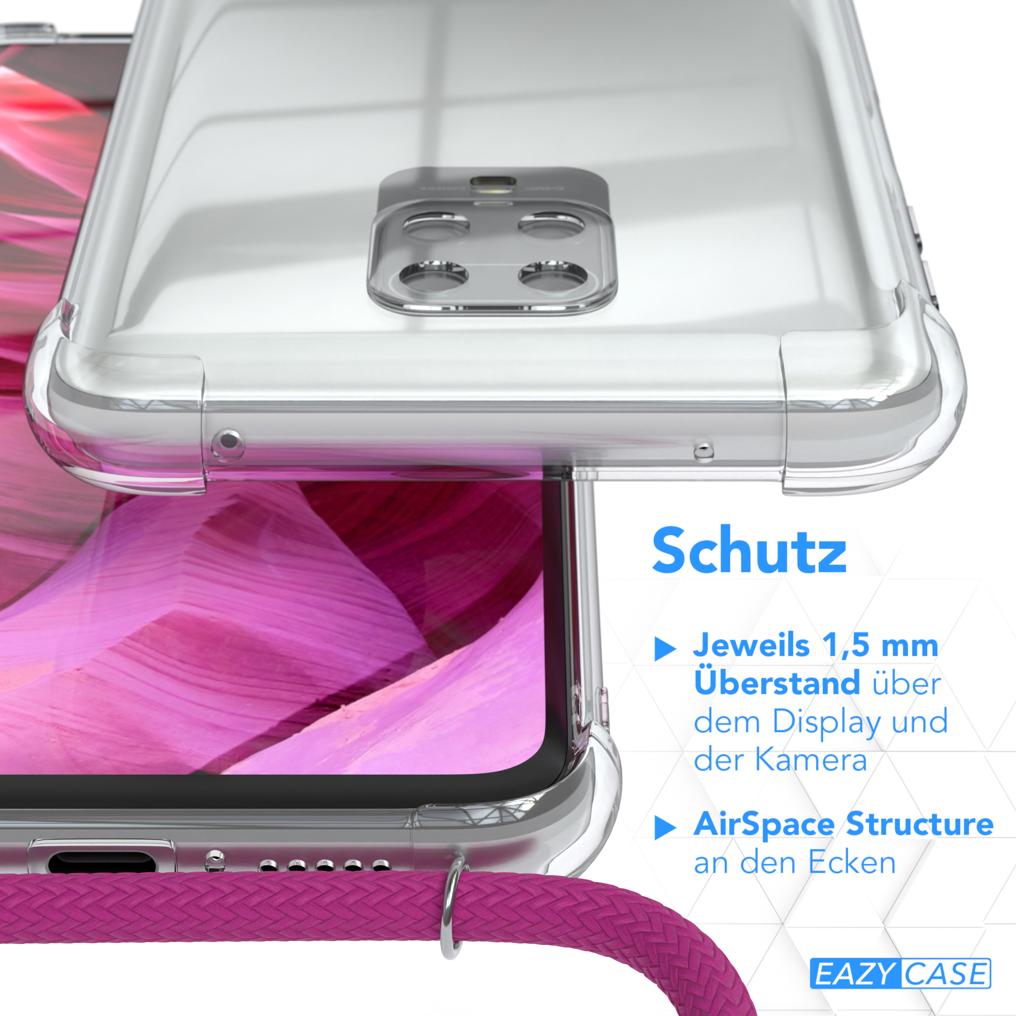 Nahaufnahme einer Handyhülle mit pinkfarbenem geflochtenem Lanyard. Das Telefon zeigt einen pinkfarbenen Hintergrund.