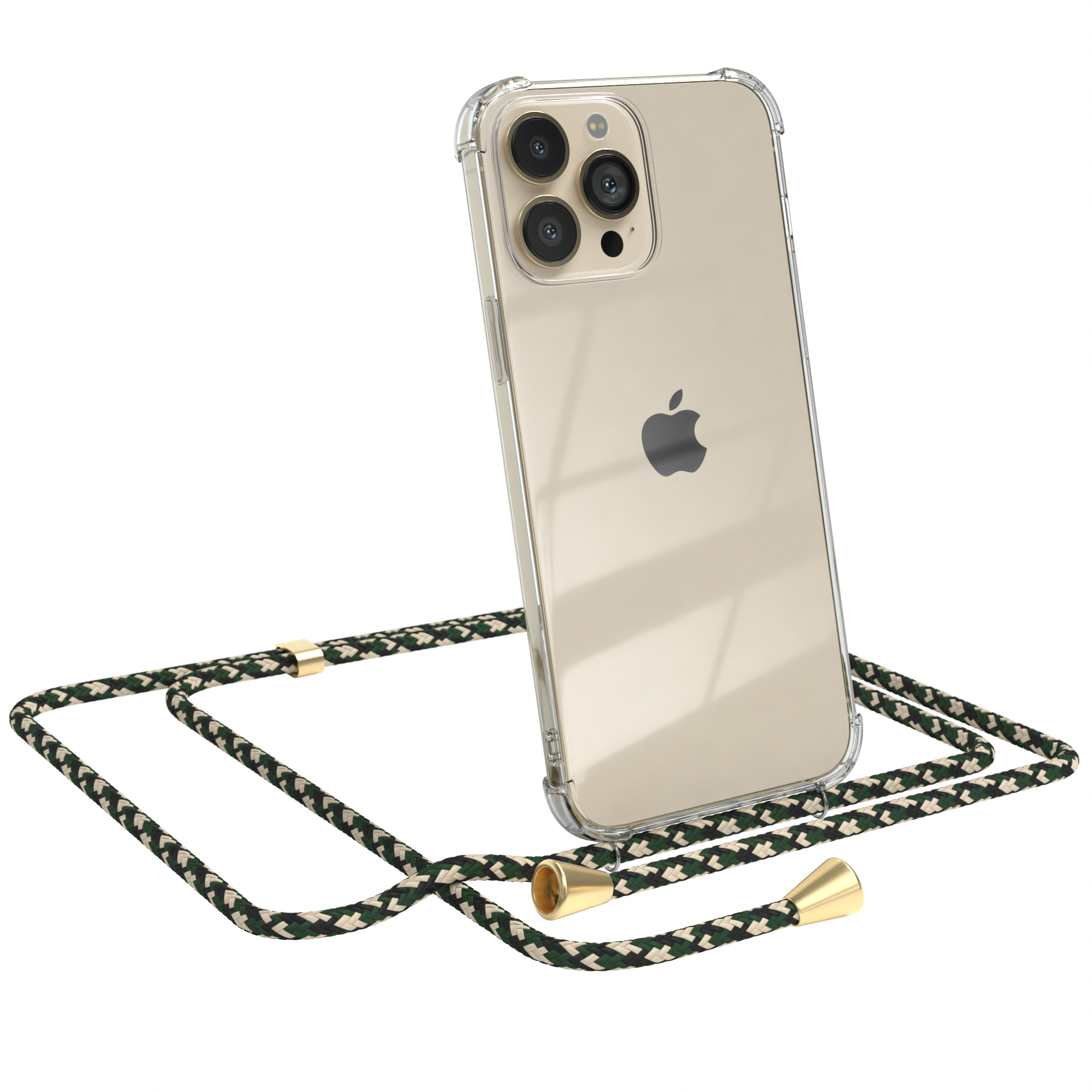 Transparente Handyhülle mit grün-beigem Umhängeband. Telefon angewinkelt, Apple-Logo sichtbar. Weißer Hintergrund.