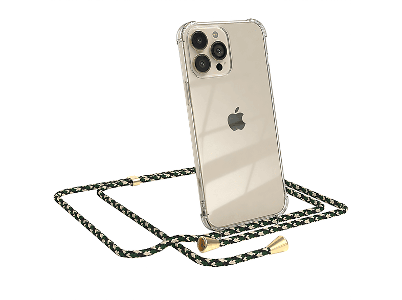EAZY CASE Clear Cover mit Umhängeband, Umhängetasche, Apple, iPhone 13 Pro Max, Grün Camouflage / Clips Gold | Handyketten