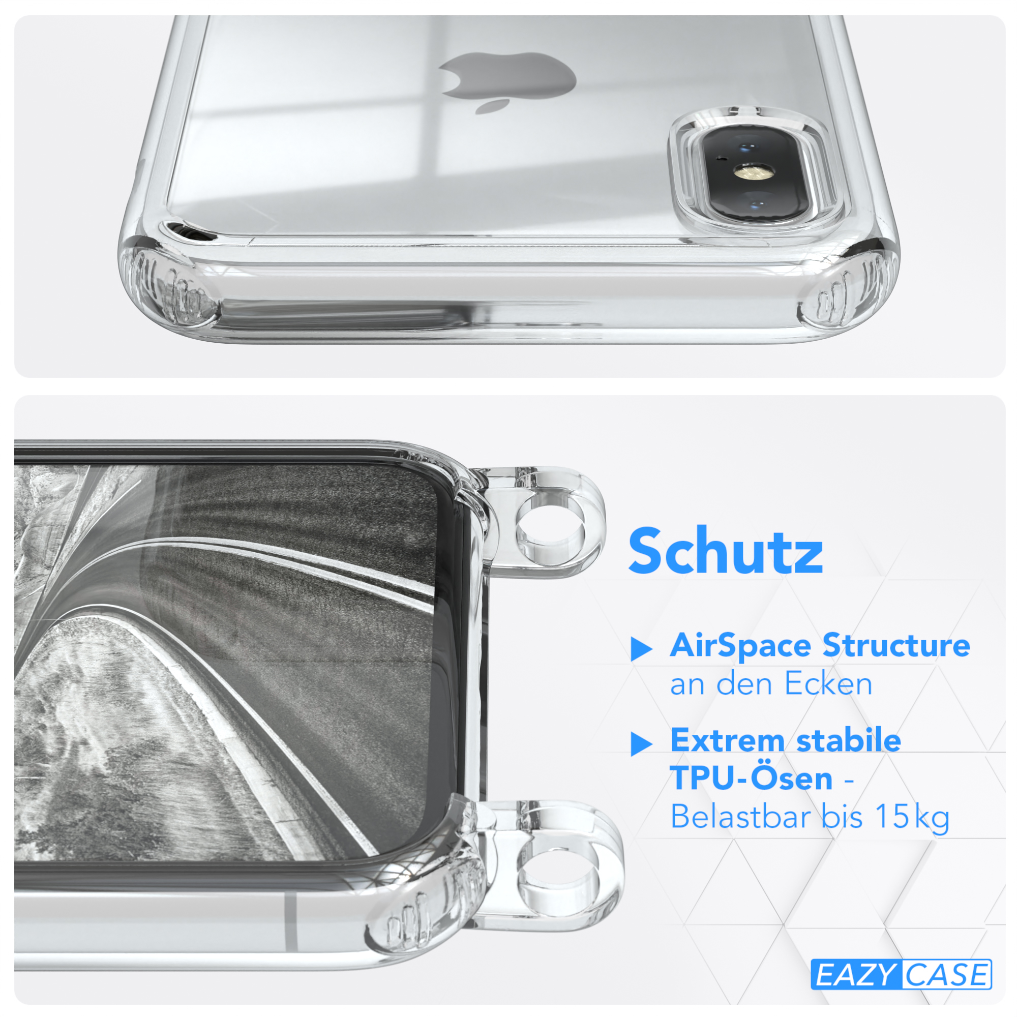 EAZY CASE Clear iPhone Max, Apple, Umhängetasche, / Clips Silber Grau Umhängeband, Cover XS mit