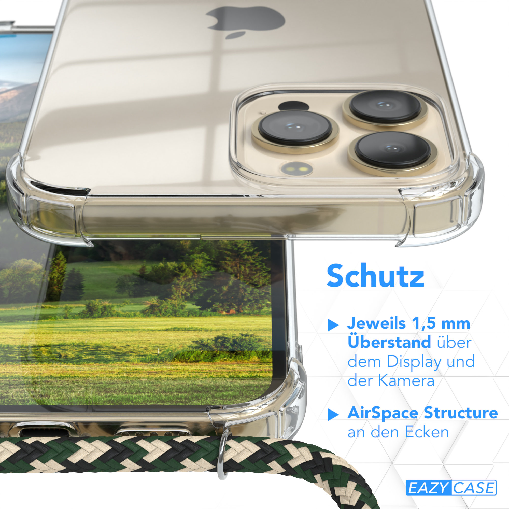 Telefon in transparenter Hülle. Text zu Schutzmerkmalen und Eazy Case Logo. Grüne Landschaft.