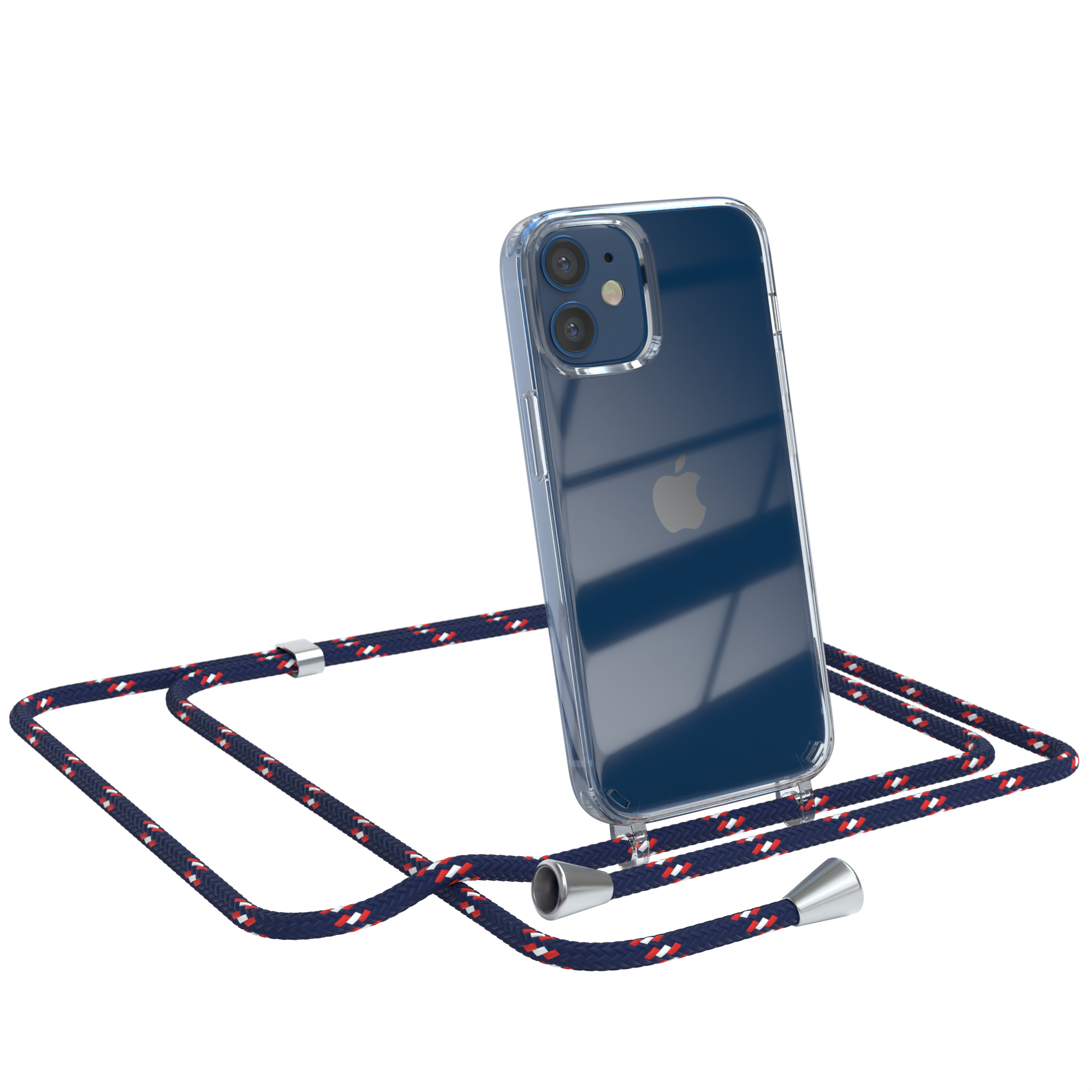 Telefon in klarer Hülle mit blau-weiß-rotem Lanyard. Weißer Hintergrund.