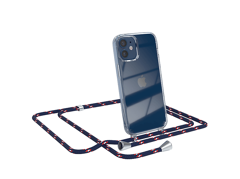 EAZY CASE Clear Cover mit Umhängeband, Umhängetasche, Apple, iPhone 12 Mini, Blau Camouflage / Clips Silber