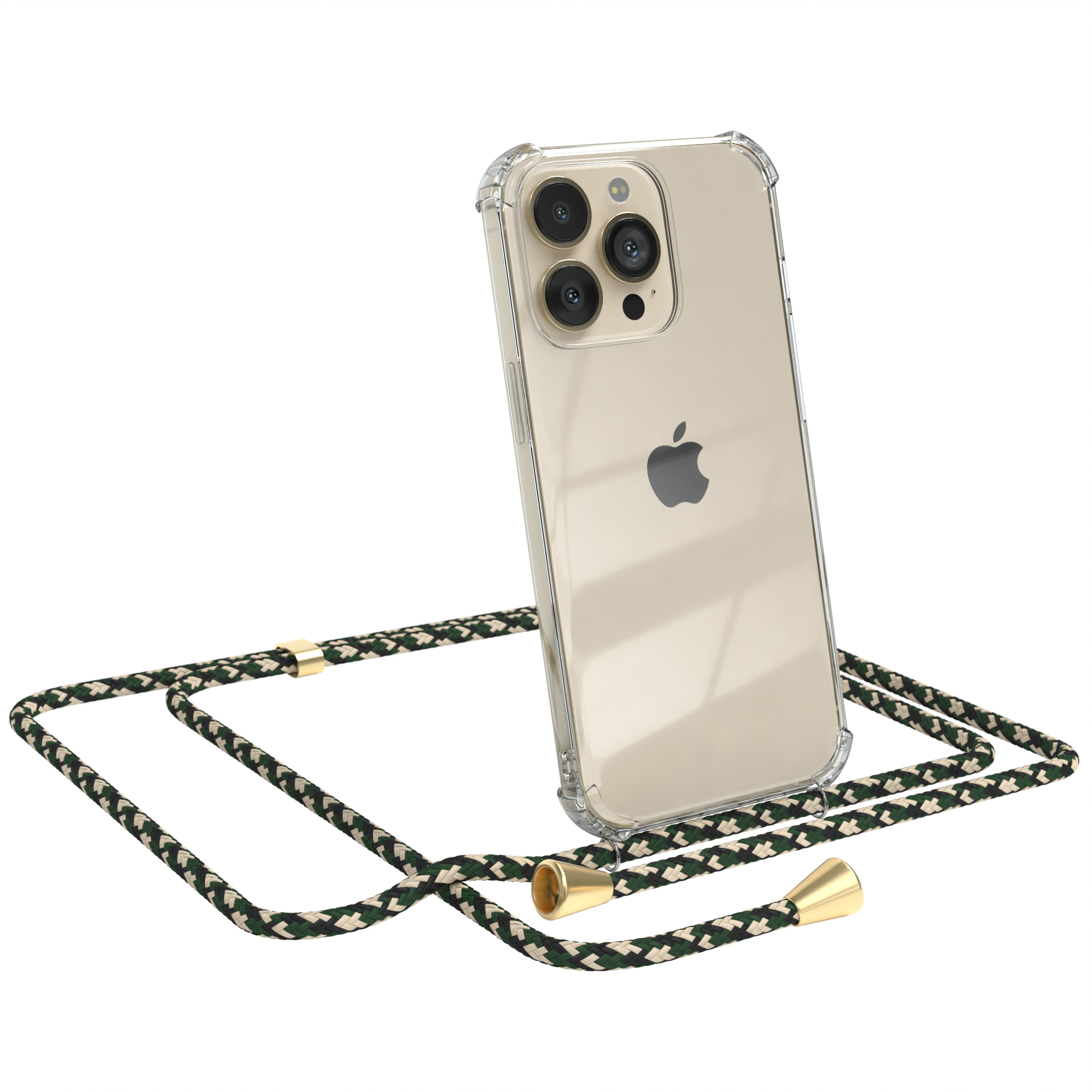 iPhone in klarer Hülle mit grünem Camo-Kabel. Weißer Hintergrund.