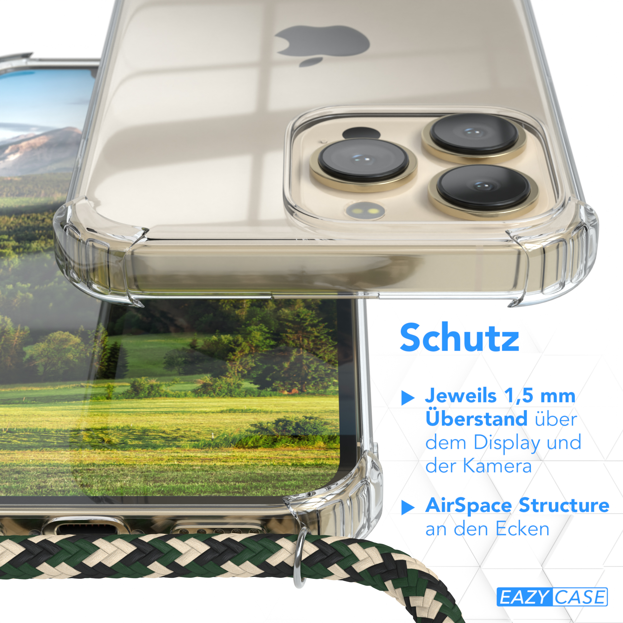 Klare Handyhülle auf einem Telefon. Das Telefon hat einen Riemen. Text: Schutz.
