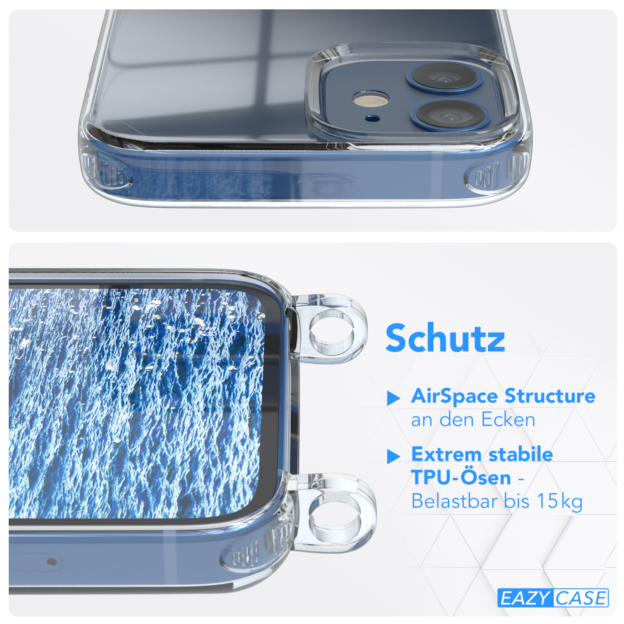 EAZY CASE Clear Cover mit Apple, iPhone Clips Mini, Umhängetasche, Silber Camouflage Umhängeband, Blau / 12