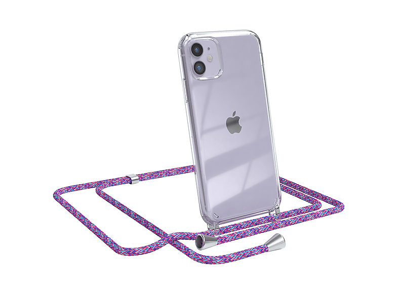 EAZY CASE Clear Cover mit Umhängeband, Umhängetasche, Apple, iPhone 11, Lila / Clips Silber