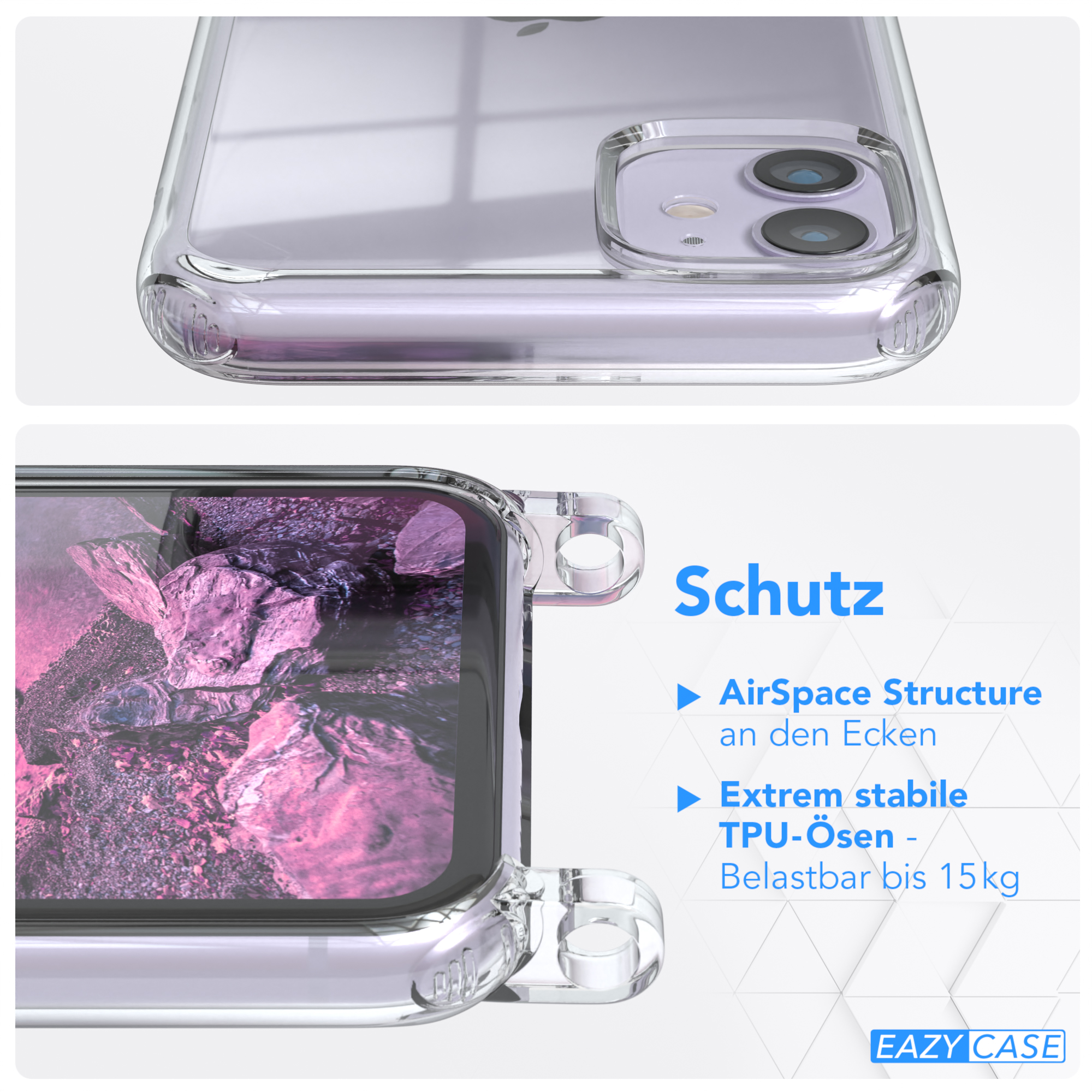 Nahaufnahme einer durchsichtigen Handyhülle mit Telefon. Text lautet: AirSpace Struktur und Schutzfunktionen.