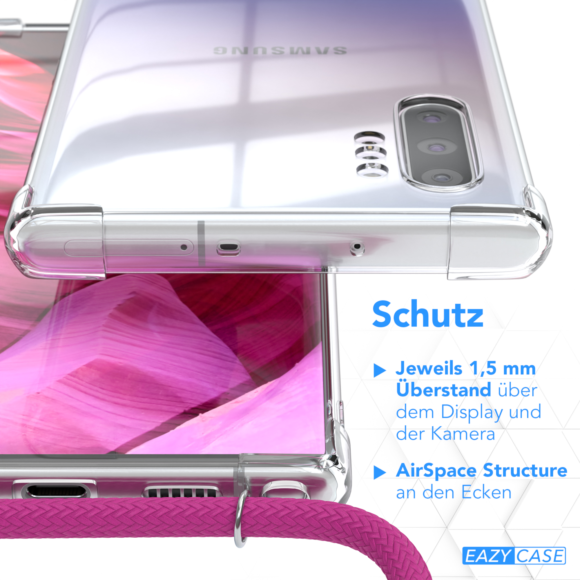 EAZY CASE Clear Samsung, Cover mit Umhängeband, 10 Silber Pink / Plus, Note Umhängetasche, Clips Galaxy