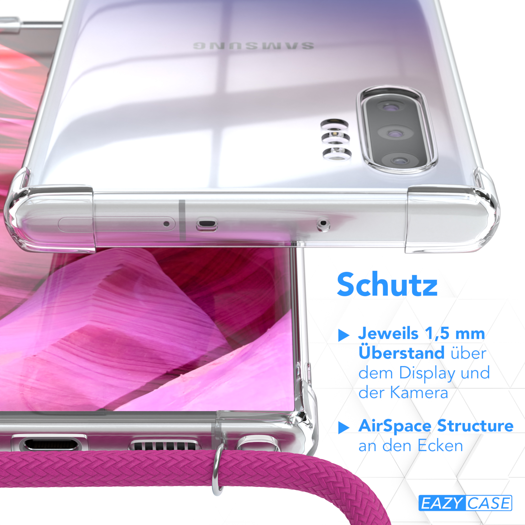 Eine transparente Handyhülle auf einem Telefon, mit Text über Schutzfunktionen und einem rosa Kabel.