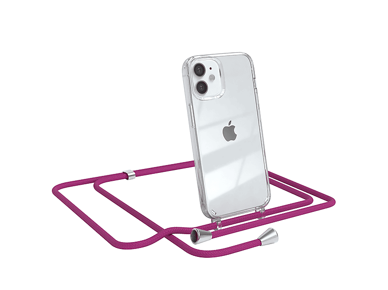 EAZY CASE Clear Cover mit Umhängeband, Umhängetasche, Apple, iPhone 12 Mini, Pink / Clips Silber