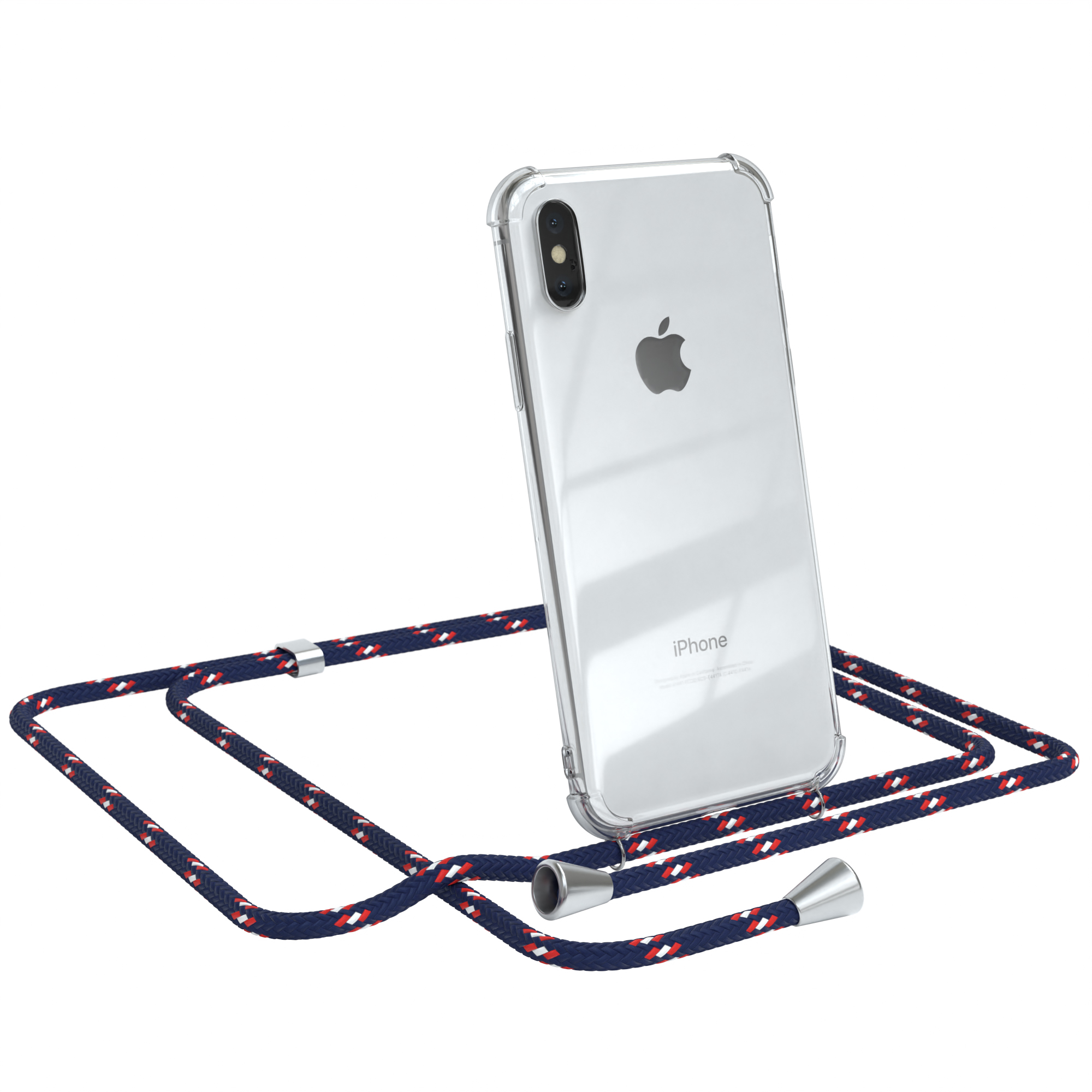 Transparente Handyhülle mit blau-weißem Lanyard. Ein Apple-Logo befindet sich auf dem Telefon.