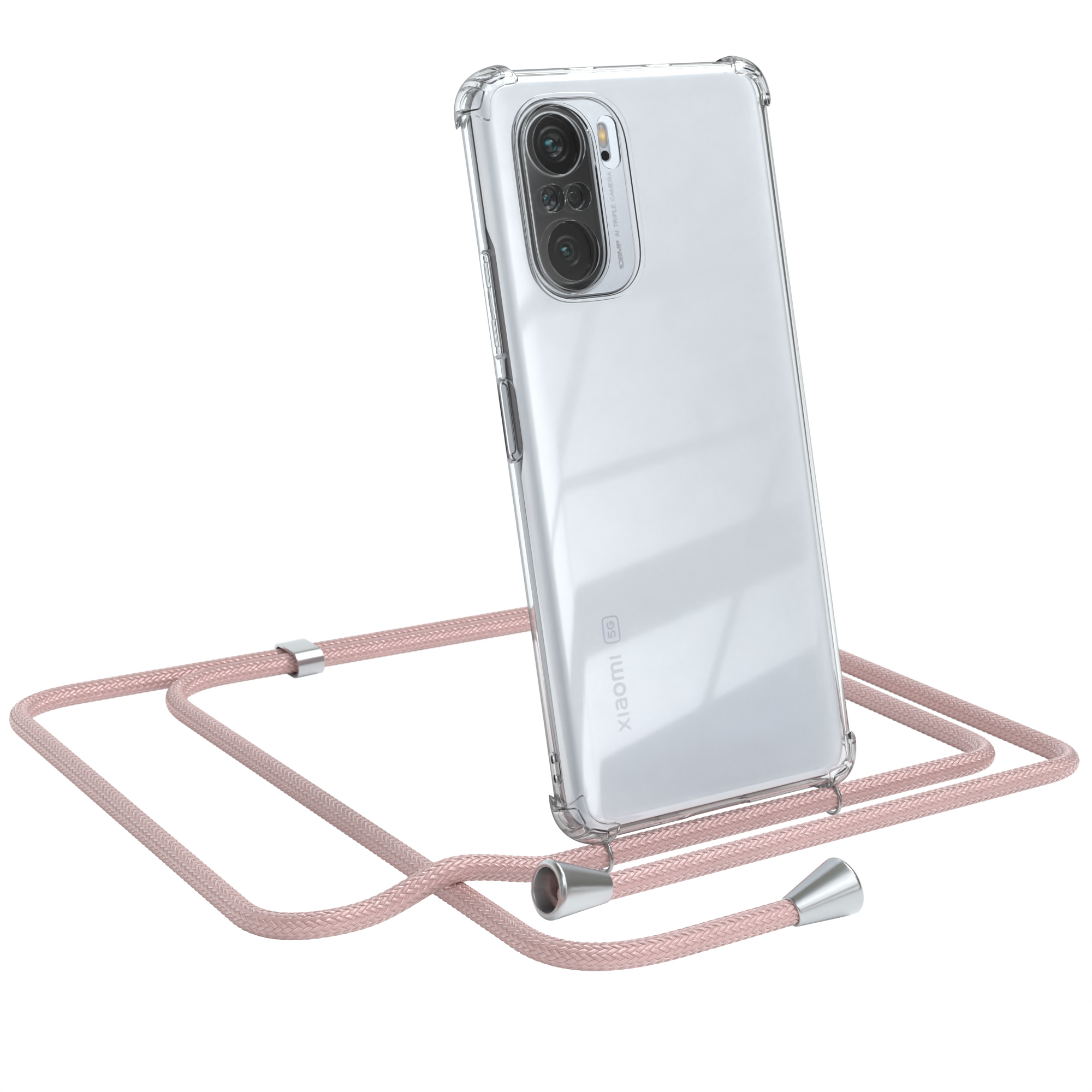 Transparente Handyhülle mit rosa Schlüsselband und Xiaomi-Telefon. Weißer Hintergrund.