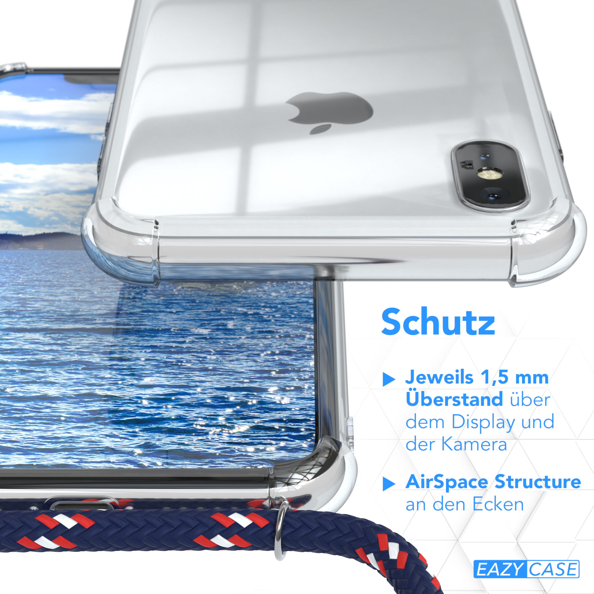 Nahaufnahme einer Handyhülle vor Seehintergrund, Schutzfunktionen zeigend.