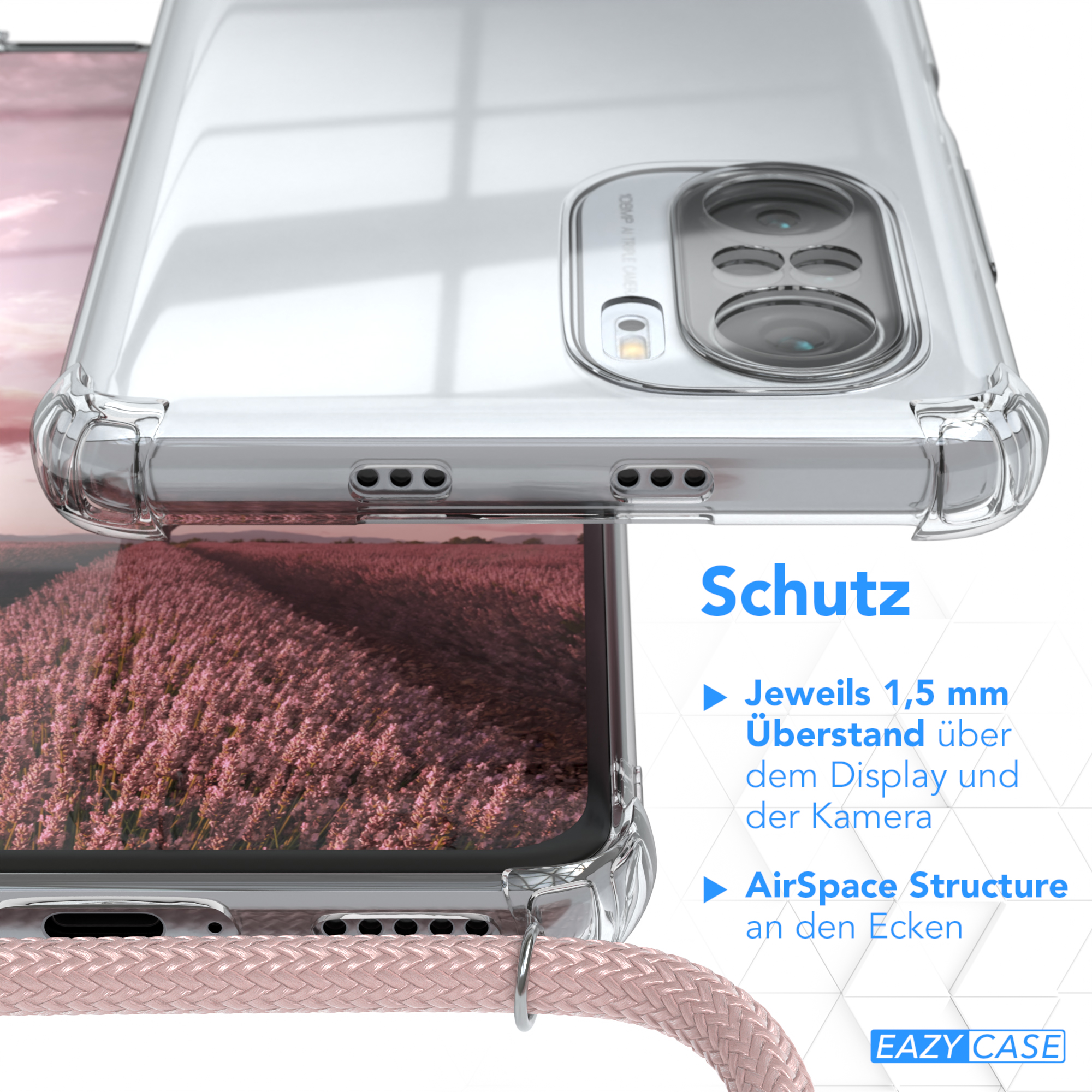 Transparente Handyhülle. Text: Schutz. Eigenschaften: 1,5 mm Displayrand, AirSpace Structure. Rosa Kordel unten.