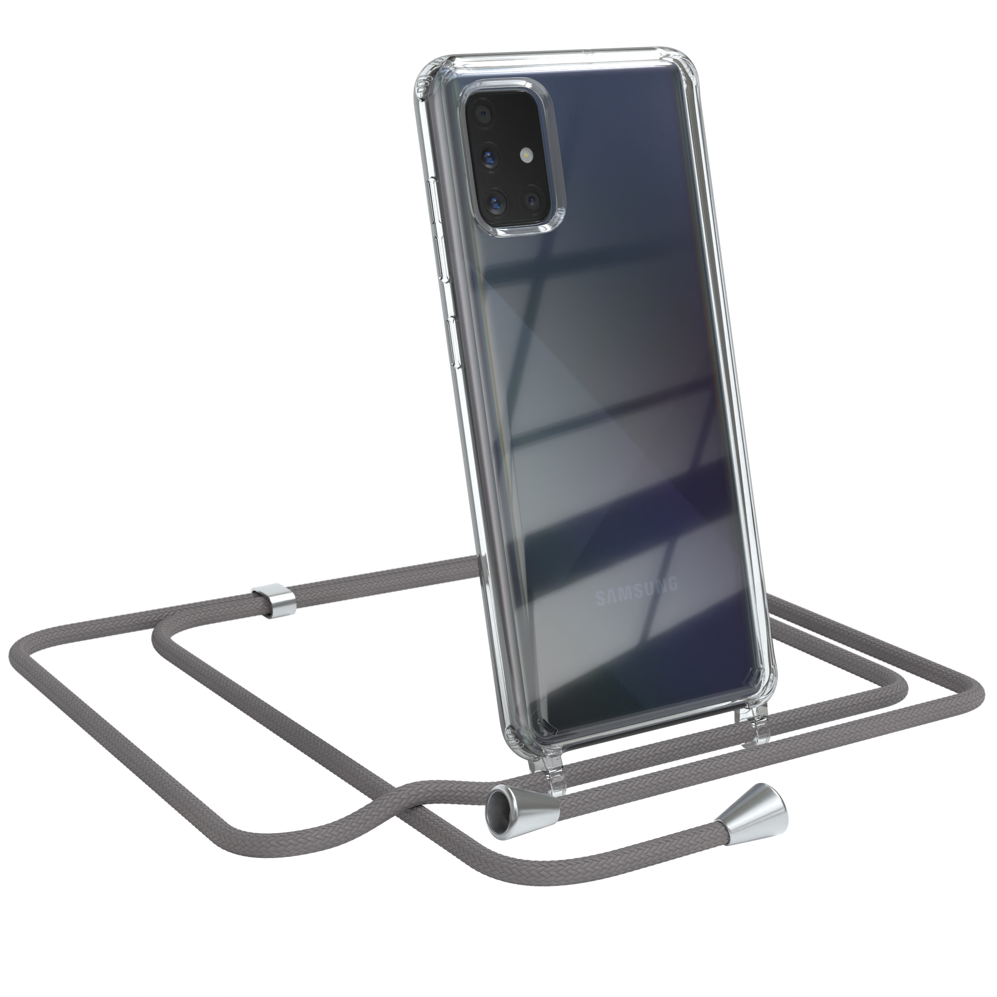 Ein Samsung-Handy in einer transparenten Hülle mit einem grauen Lanyard.