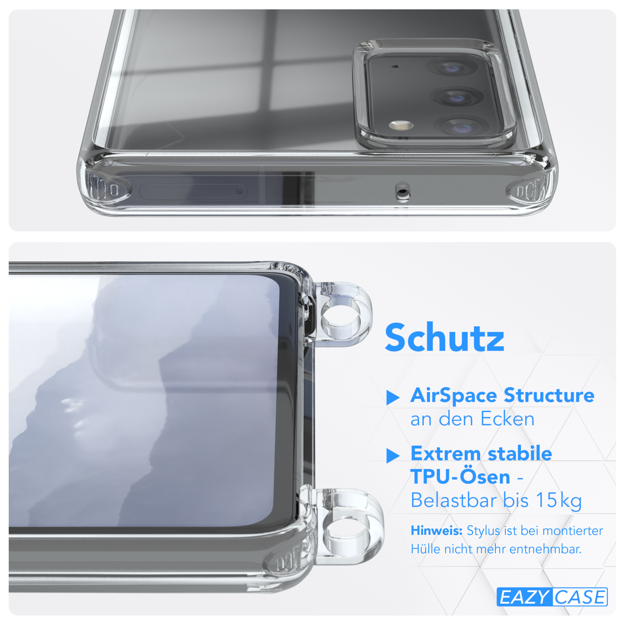 Nahaufnahme einer Handyhülle, mit Text: 'AirSpace Structure', 'Extrem stabile TPU-Ösen' und Markenlogo.