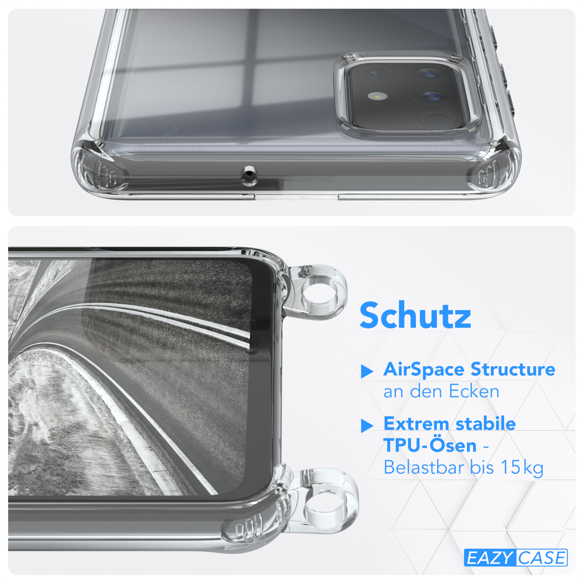Transparente Handyhülle auf einem Handy, die Kanten zeigend. Das Handy hat eine Kamera. Die Hülle hat verstärkte Ecken.