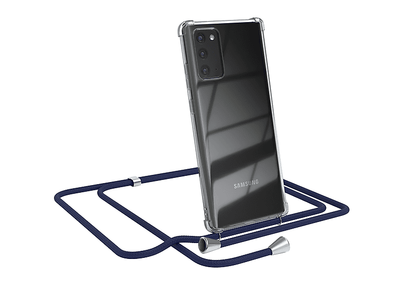 EAZY CASE Clear Cover mit Umhängeband, Umhängetasche, Samsung, Galaxy Note 20 / Note 20 5G, Blau / Clips Silber