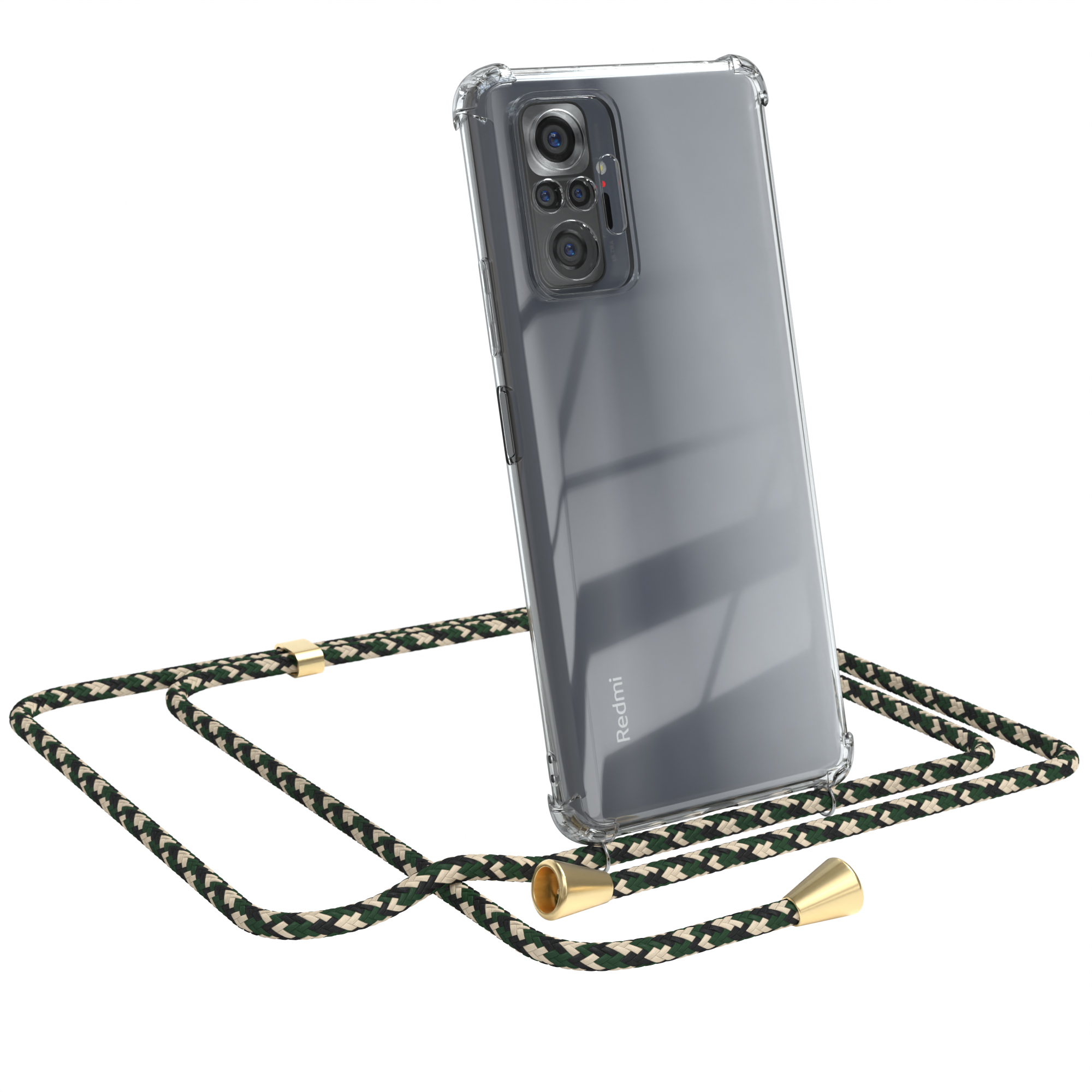 Transparente Handyhülle mit grün-schwarzem Kordel. Redmi-Telefon sichtbar. Weißer Hintergrund.