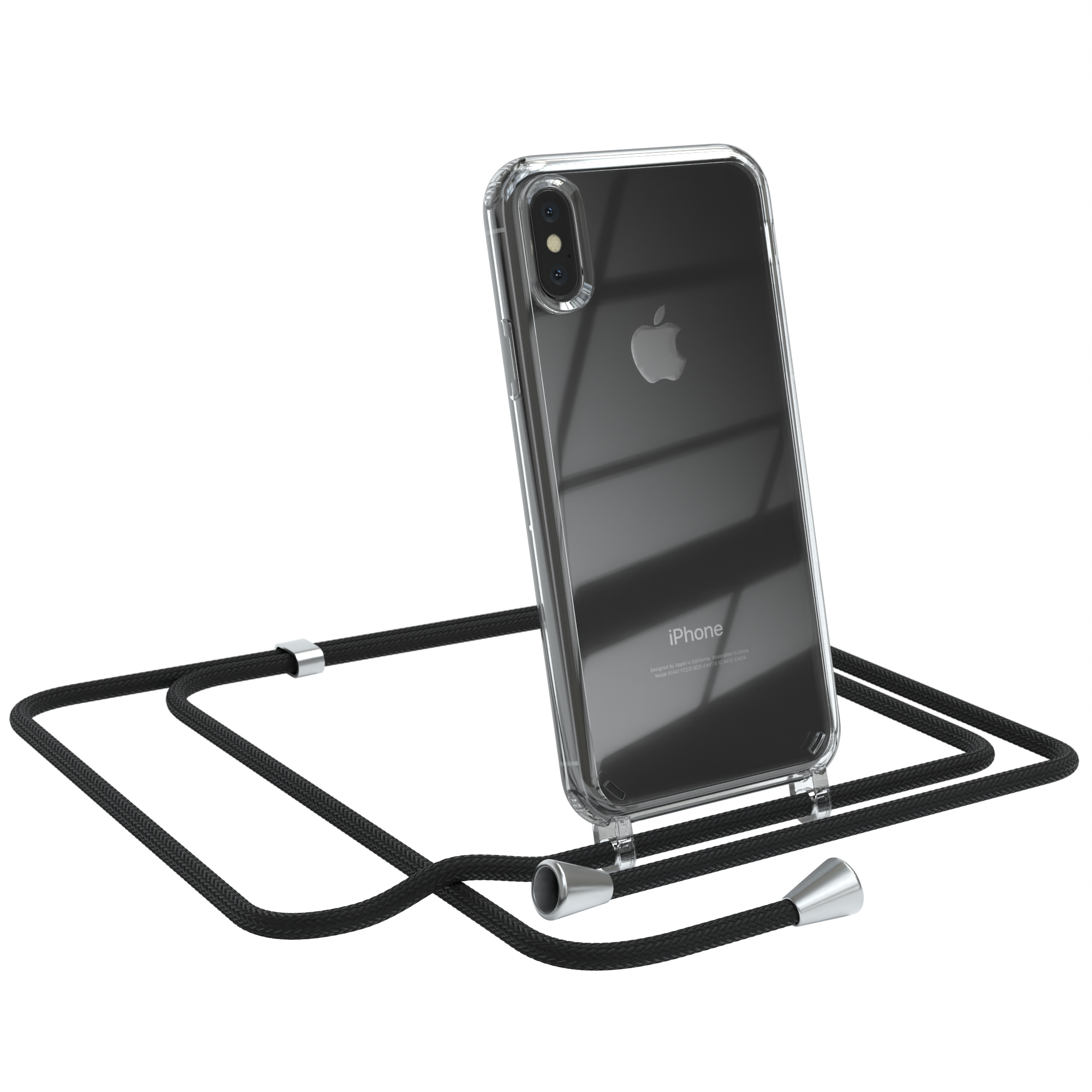 Transparente Handyhülle mit schwarzem Umhängeband. Apple-Logo sichtbar. Vor weißem Hintergrund.