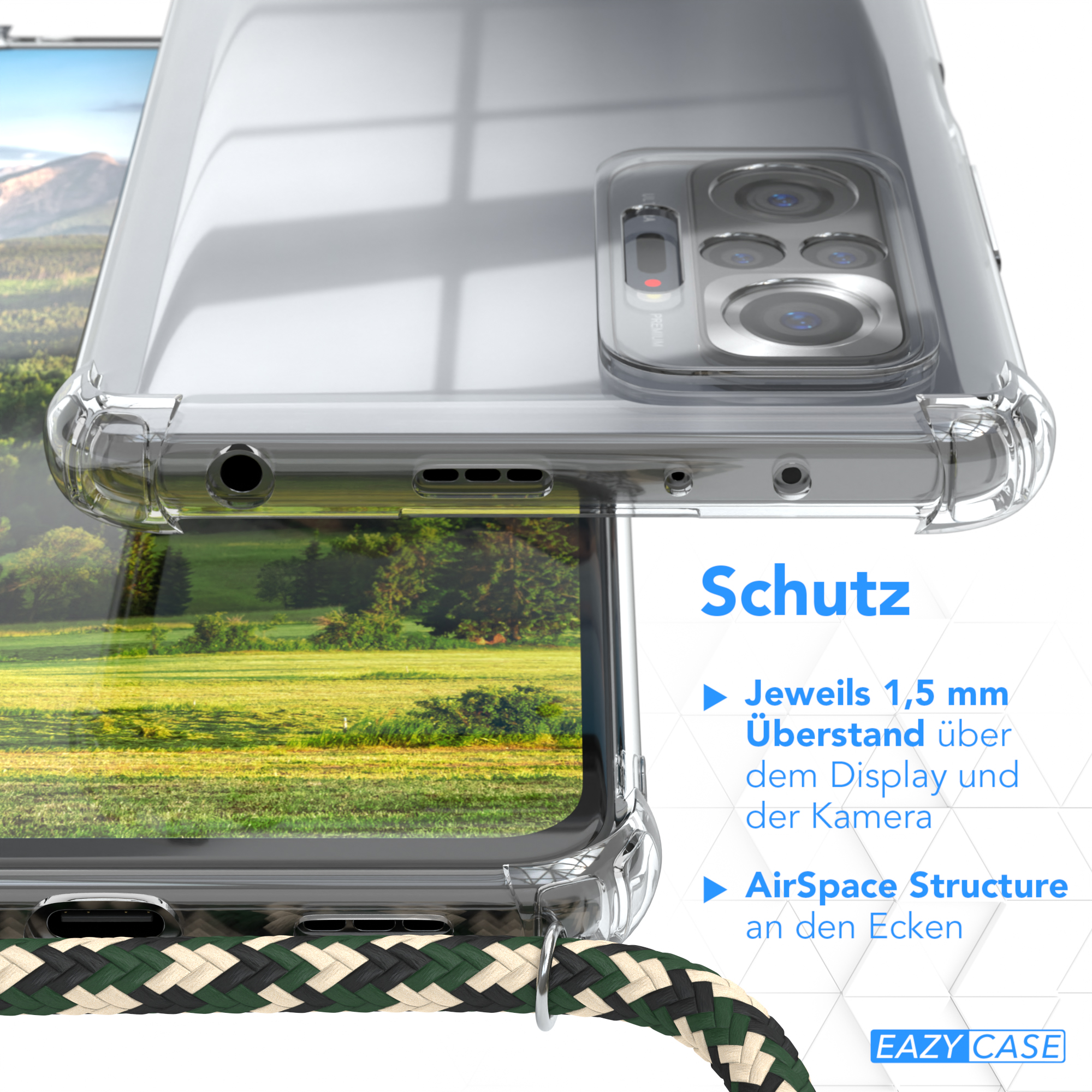 Nahaufnahme der transparenten Handyhülle. Zeigt Funktionen. Der Hintergrund ist eine Landschaftsszene.