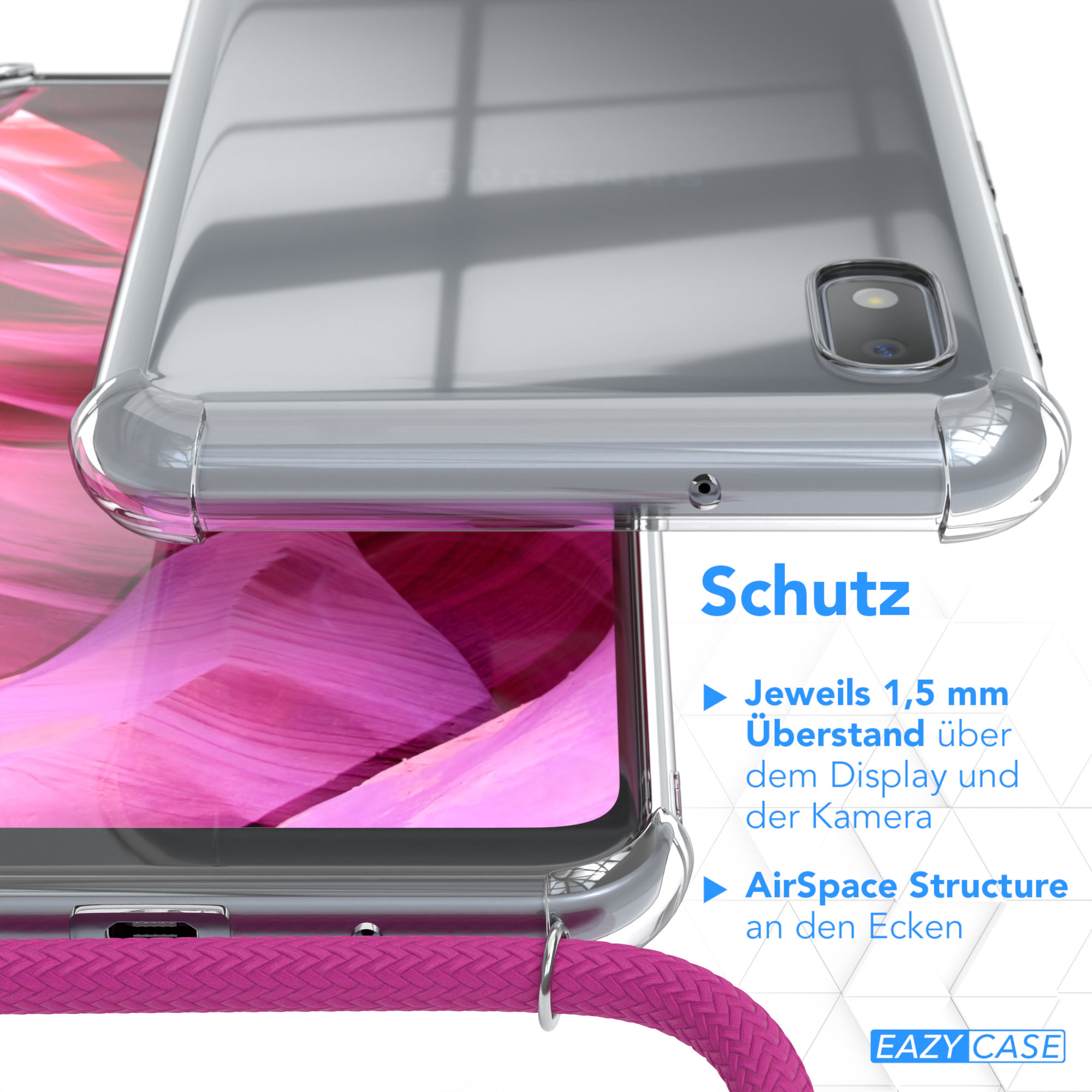 EAZY CASE Clear Cover mit Clips A10, / Silber Umhängeband, Samsung, Umhängetasche, Pink Galaxy