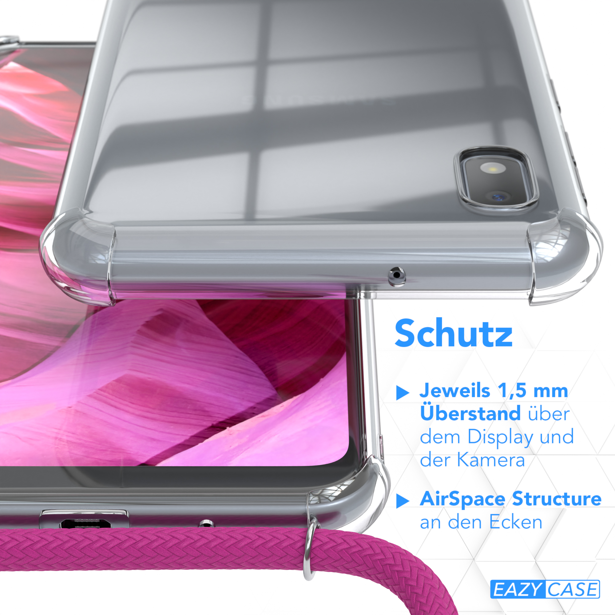 Transparente Handyhülle mit rosa Riemen. Text zeigt Schutzeigenschaften.