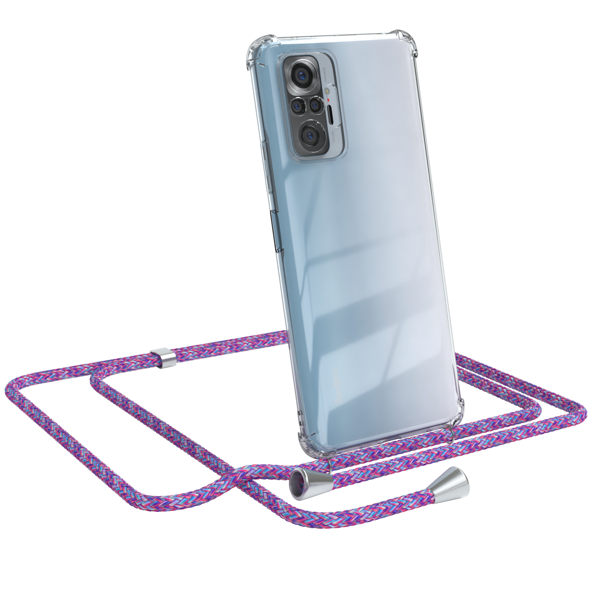 Transparente Handyhülle mit lila Band. Telefon ist drin. Weißer Hintergrund.