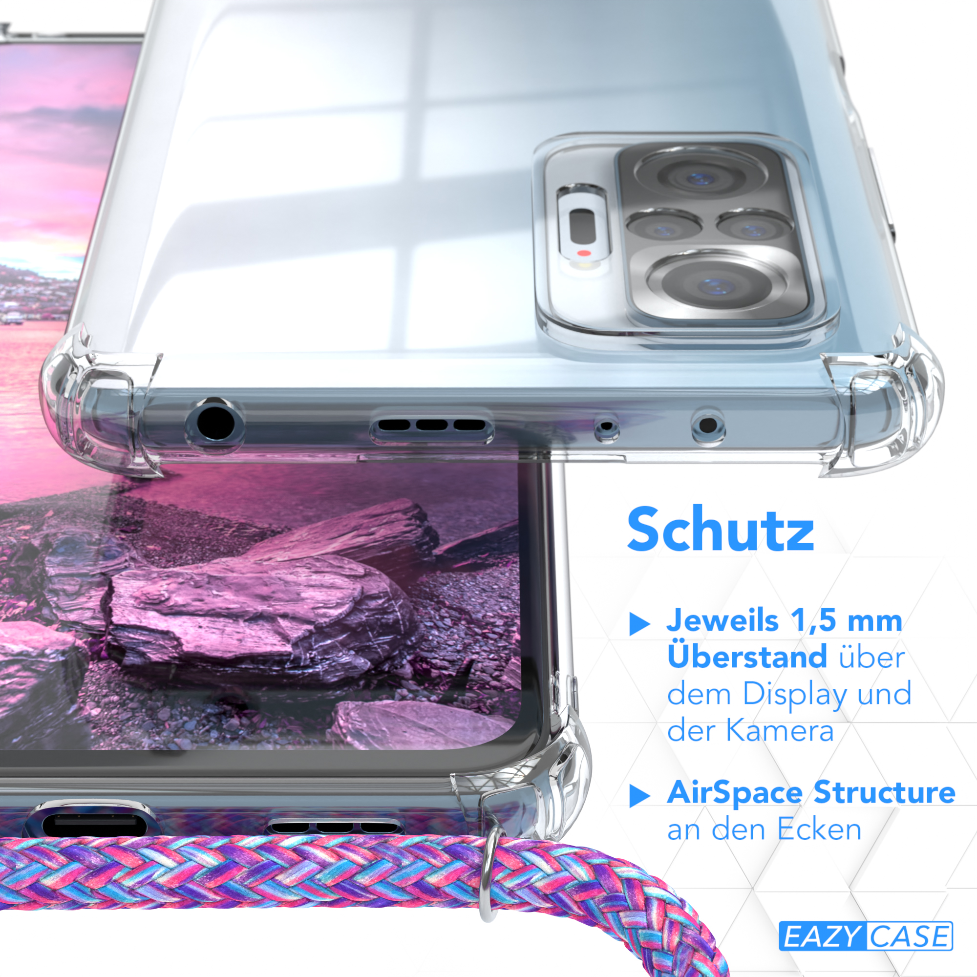 Handyhülle Nahaufnahme; blauer Text und mehrfarbiges Seil.