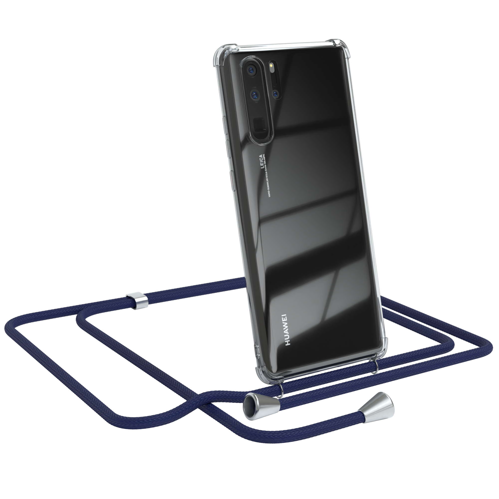Transparente Handyhülle mit blauem Seil, Telefon schräg. Huawei-Logo sichtbar.