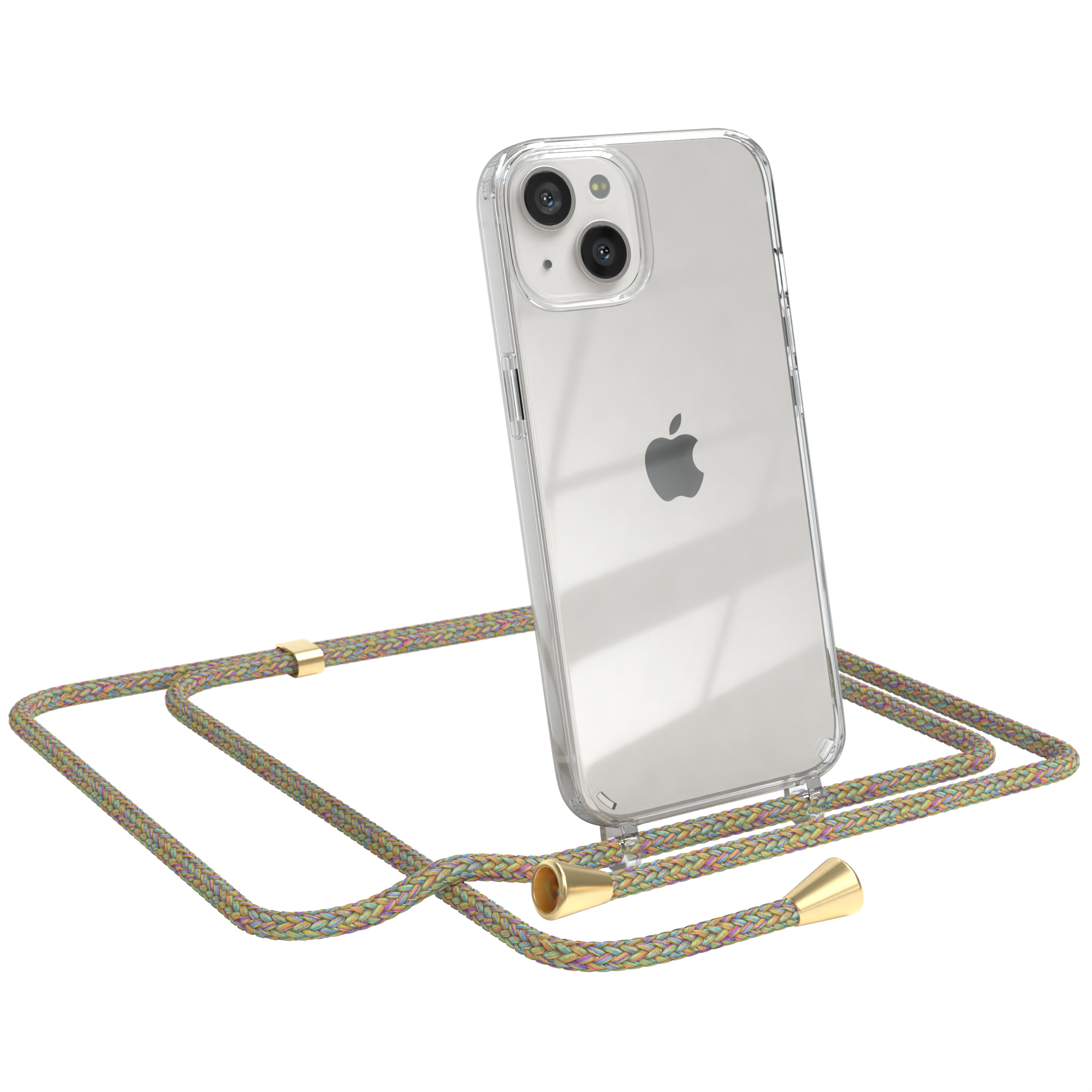 EAZY CASE Clear Cover mit Umhängeband, iPhone 13, / Apple, Clips Bunt Gold Umhängetasche
