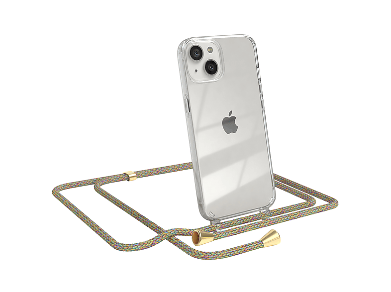 EAZY CASE Clear Cover mit Umhängeband, Umhängetasche, Apple, iPhone 13, Bunt / Clips Gold | Handyketten