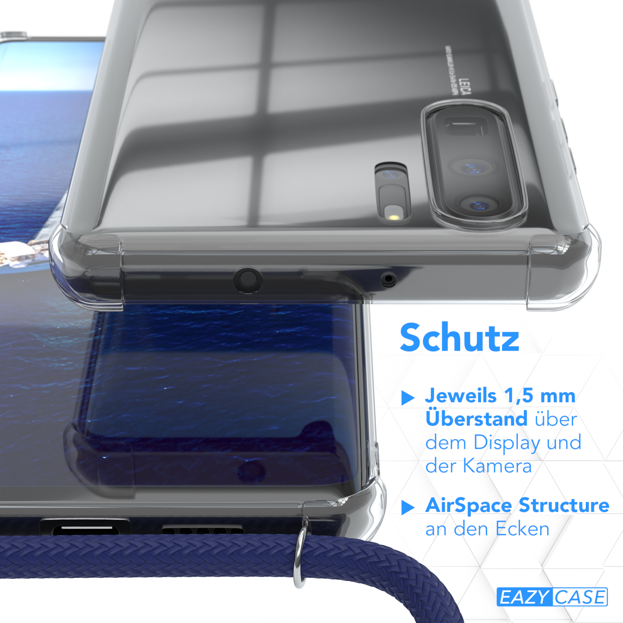 Eine transparente Handyhülle. Details der Hülle, über Display und AirSpace Structure.