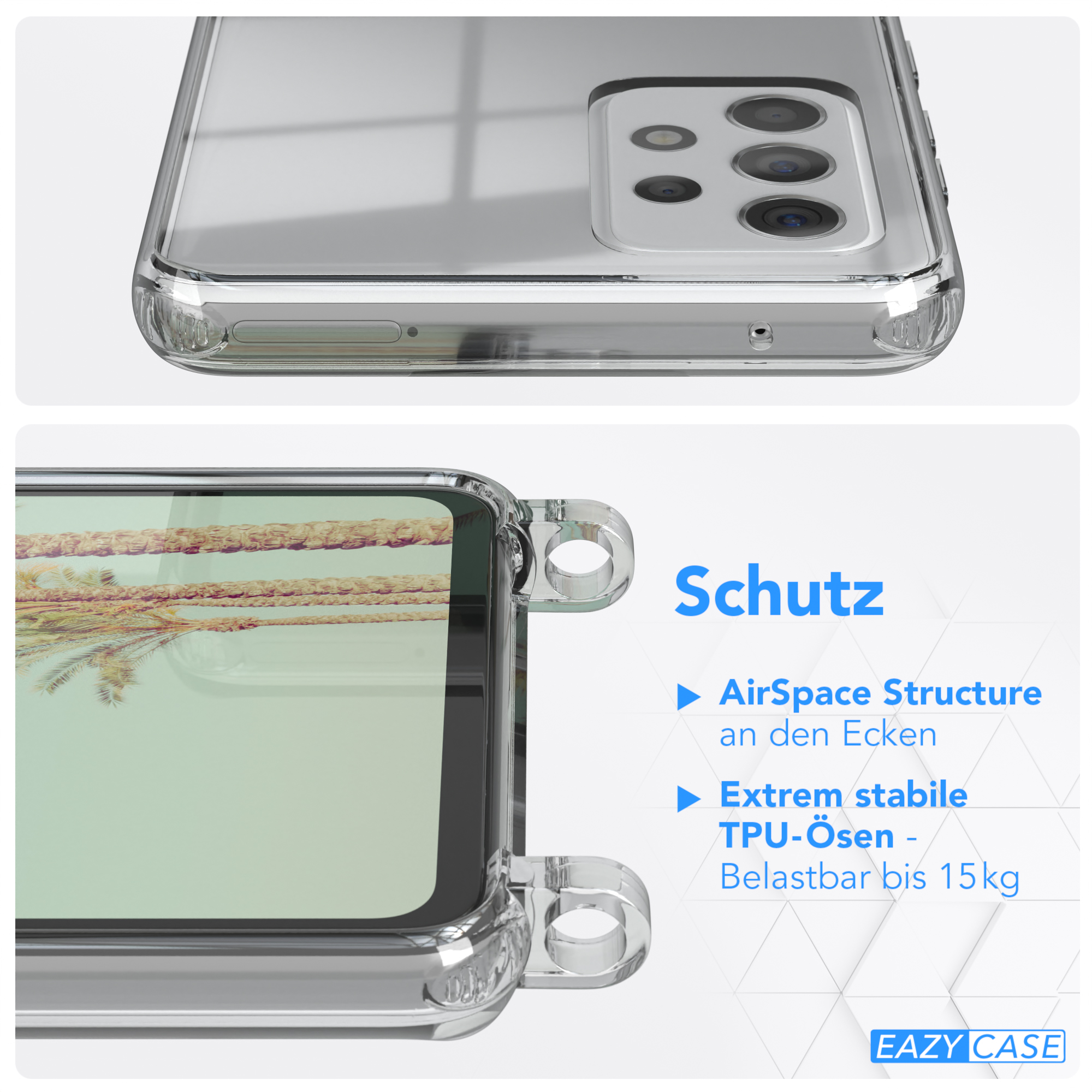 Nahaufnahme einer Handyhülle, die ein Telefon schützt. Text erwähnt Funktionen: AirSpace Structure, TPU-Ösen.