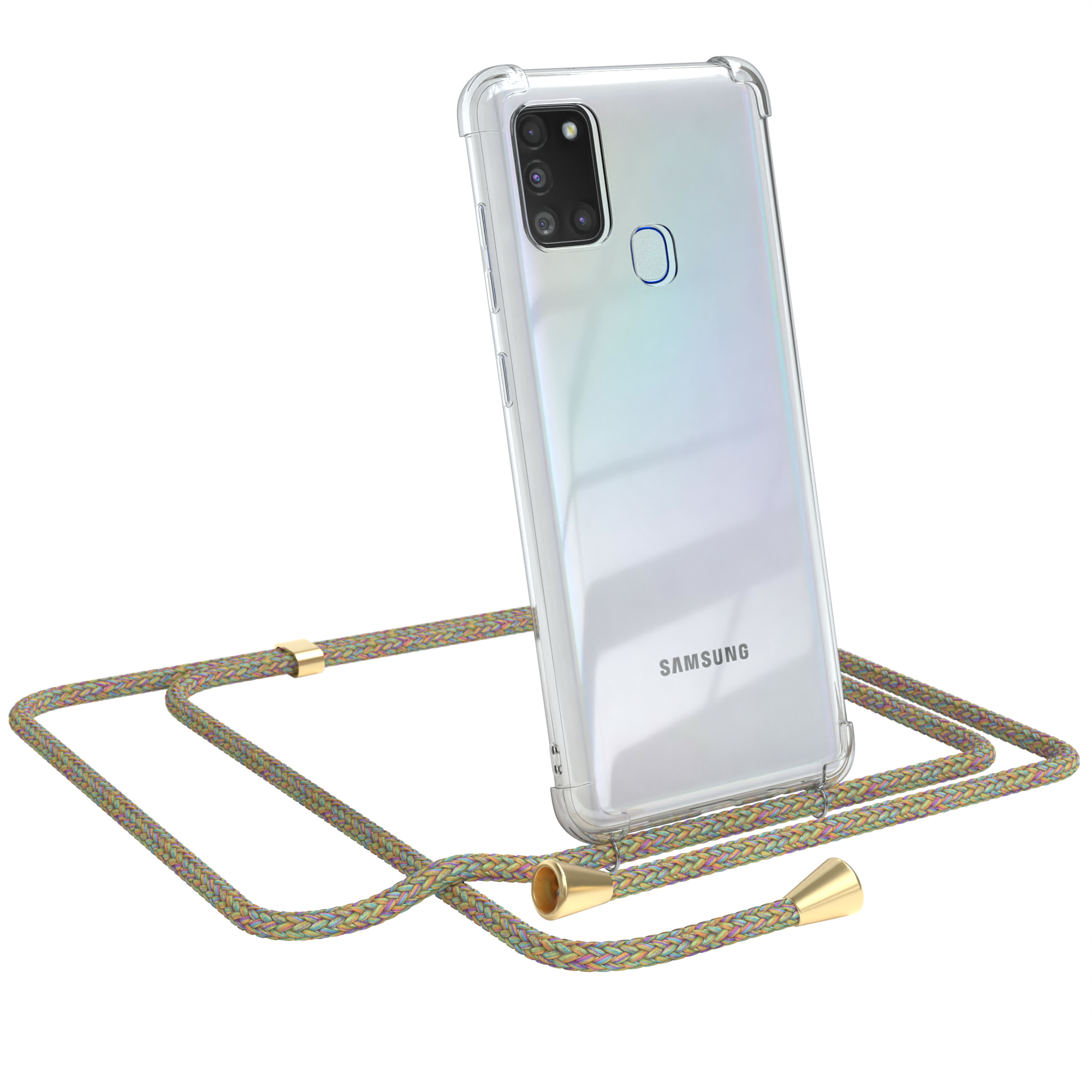 Telefon in klarer Hülle mit mehrfarbigem Lanyard.