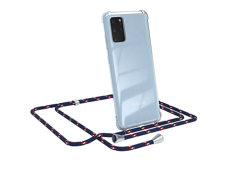 EAZY CASE Clear Cover mit Umhängeband, Umhängetasche, Samsung, Galaxy S20 Plus / S20 Plus 5G, Blau Camouflage / Clips Silber