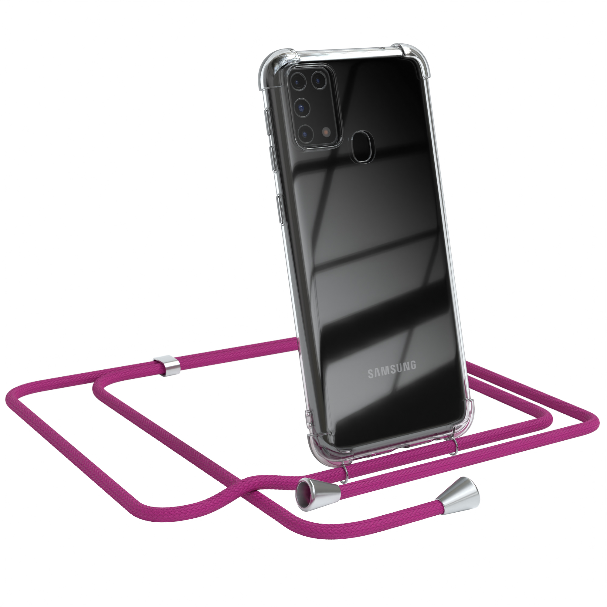 Ein Samsung-Telefon in einer transparenten Hülle mit einem pinkfarbenen Lanyard. Das Lanyard ist an der Hülle befestigt.