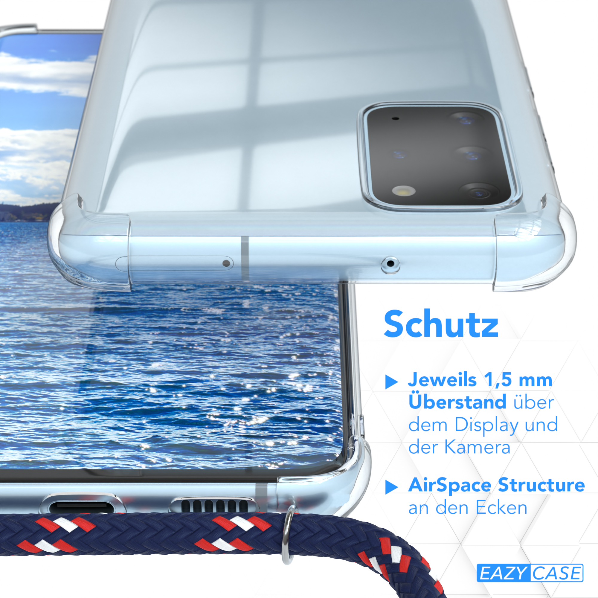 EAZY CASE Galaxy Silber Plus Clear Camouflage Blau mit S20 Cover Umhängeband, Samsung, / Umhängetasche, S20 5G, Clips / Plus