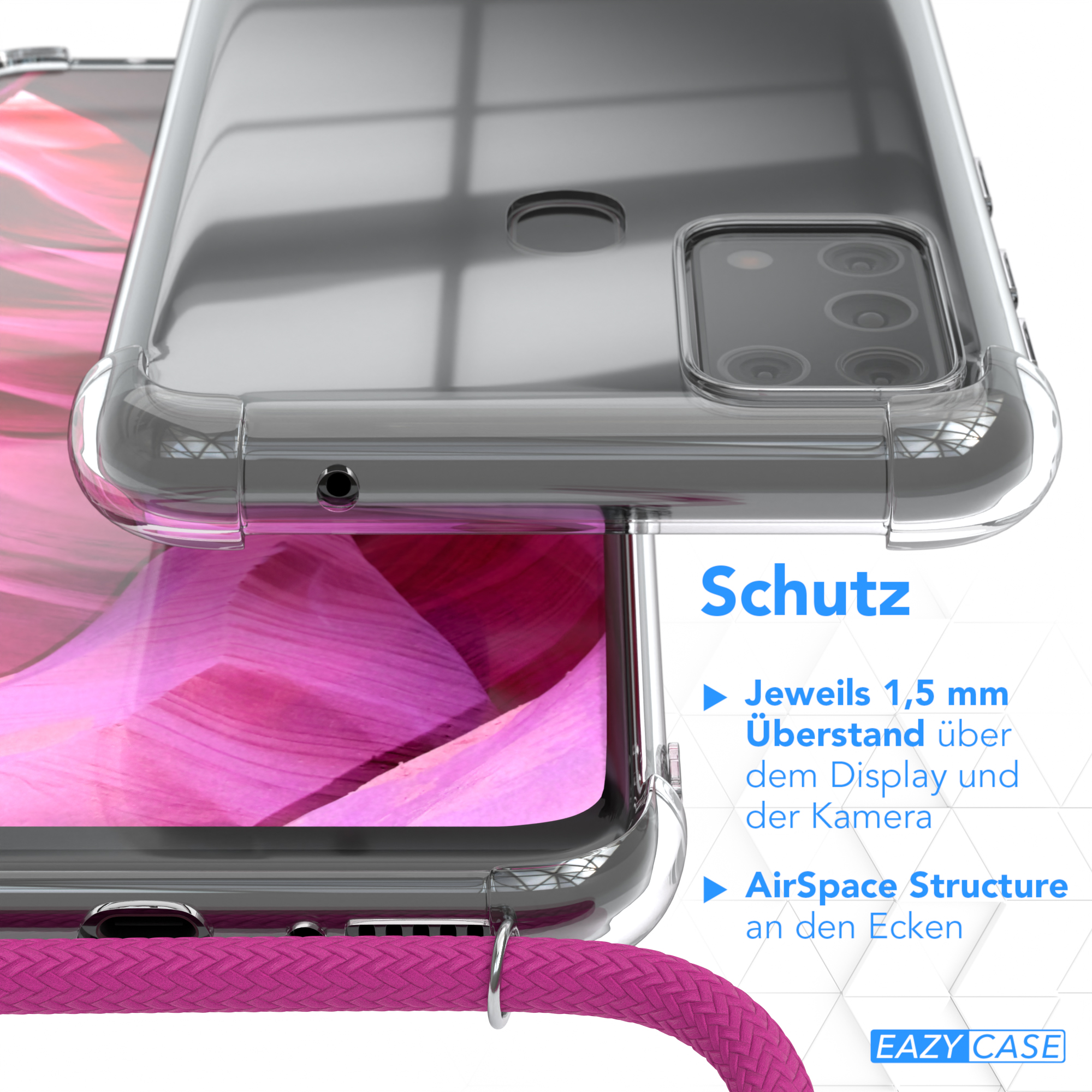 Nahaufnahme einer Handyhülle, die ein Telefon schützt. Text: Schutz. Merkmale aufgelistet.