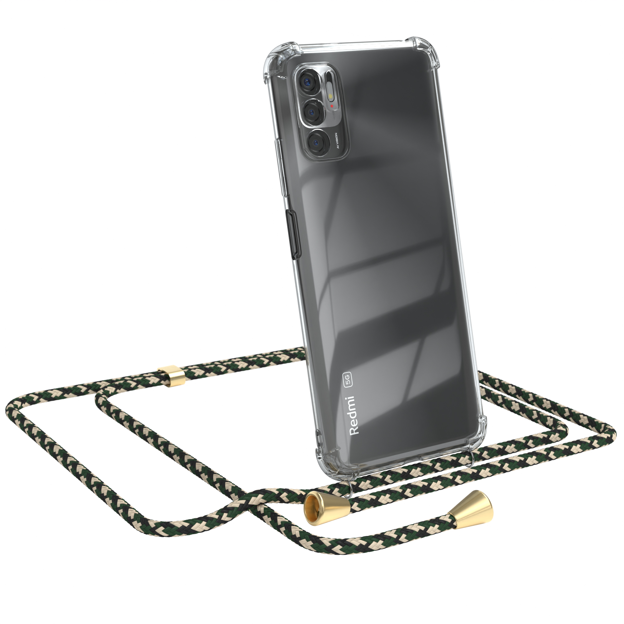 Transparente Handyhülle mit grün-schwarzem Riemen. Ein Redmi-Telefon ist sichtbar.