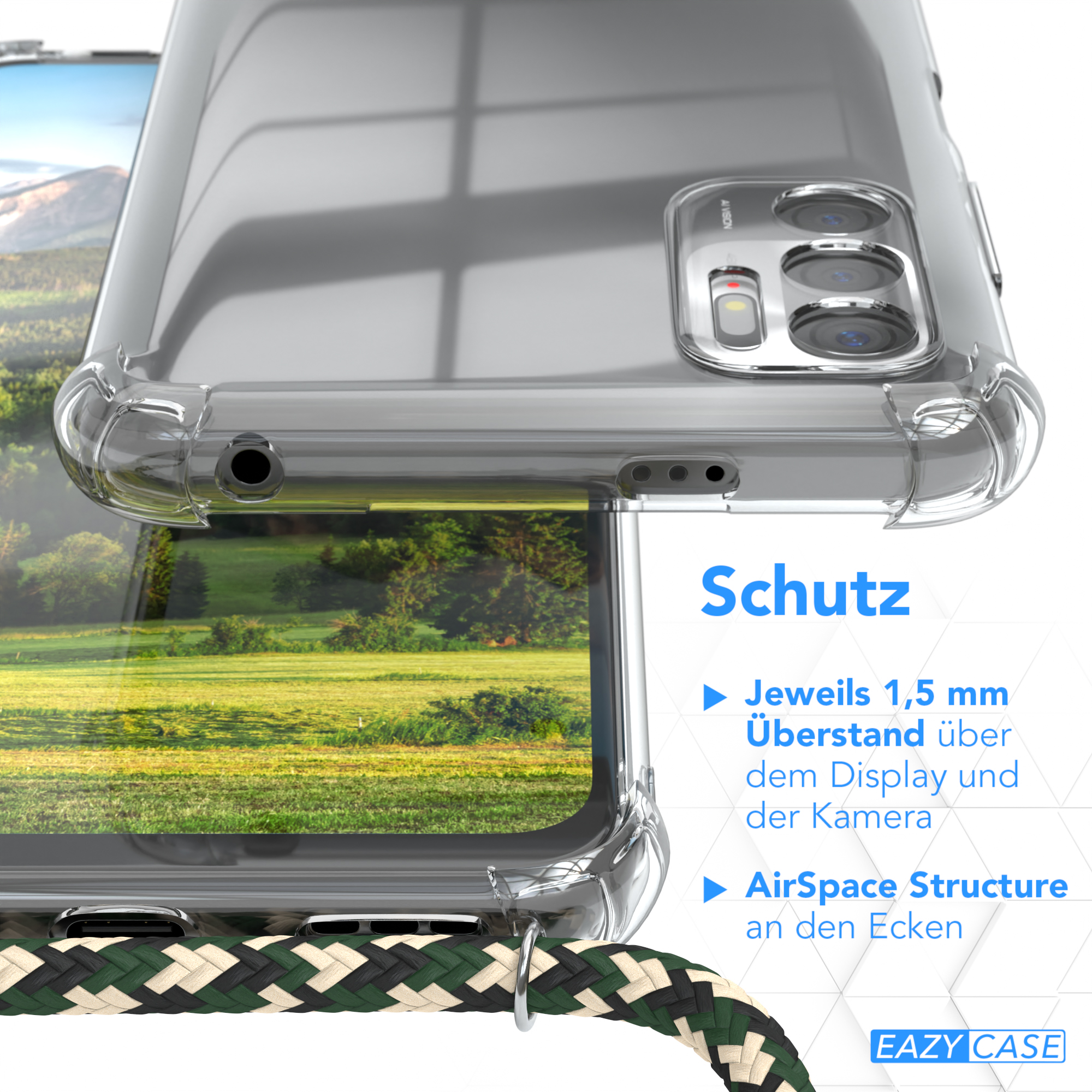 Nahaufnahme einer Handyhülle; Details des Gehäuses und ein grün-weiß-schwarzes Telefonkabel.