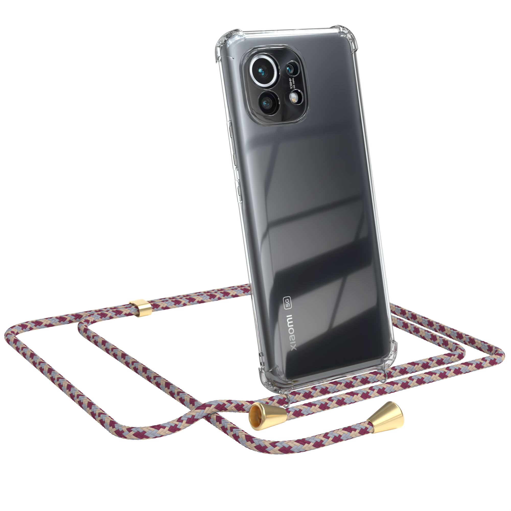 Telefon in klarer Hülle mit mehrfarbigem Lanyard. Weißer Hintergrund.