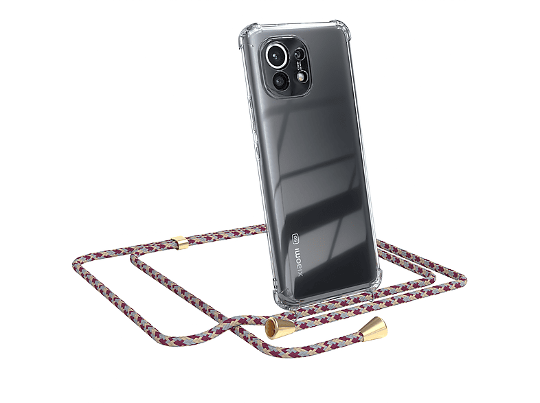 EAZY CASE Clear Cover mit Umhängeband, Umhängetasche, Xiaomi, Mi 11 5G, Rot Beige Camouflage / Clips Gold
