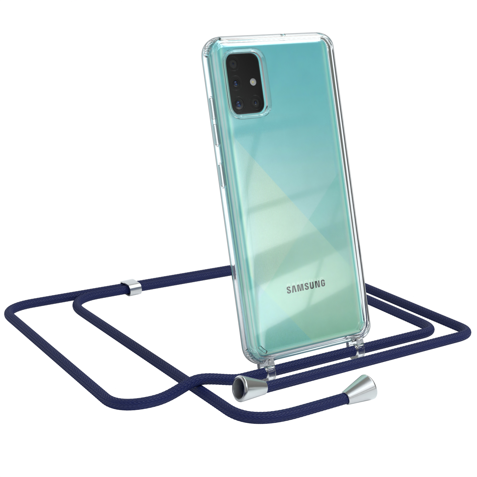 Eine transparente Handyhülle mit dunkelblauem Seilriemen, die ein Samsung-Handy hält.